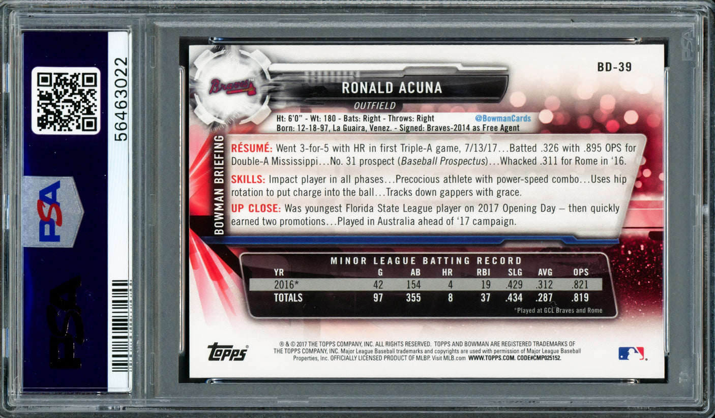 Ronald Acuna Jr. Autographed 2017 Bowman Draft Rookie Card #BD39 Atlanta Braves PSA 10 Auto Grade Mint 9 PSA/DNA #56463022