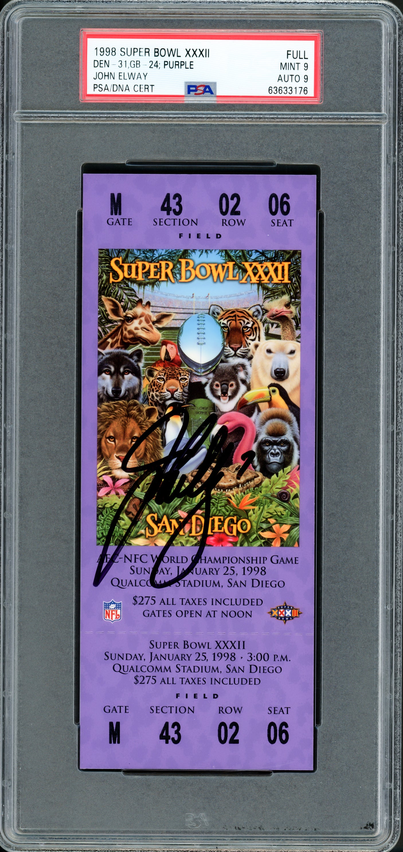 John Elway Autographed 1998 Super Bowl XXXII Ticket Denver Broncos PSA 9 Auto Grade Mint 9 PSA/DNA #63633176
