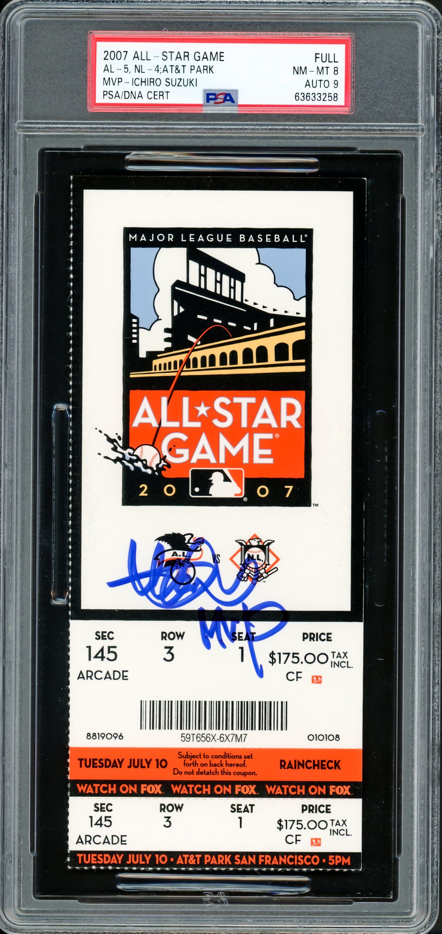 Ichiro Suzuki Autographed 2007 All Star Game Ticket Seattle Mariners PSA 8 Auto Grade Mint 9 "MVP" PSA/DNA #63633258