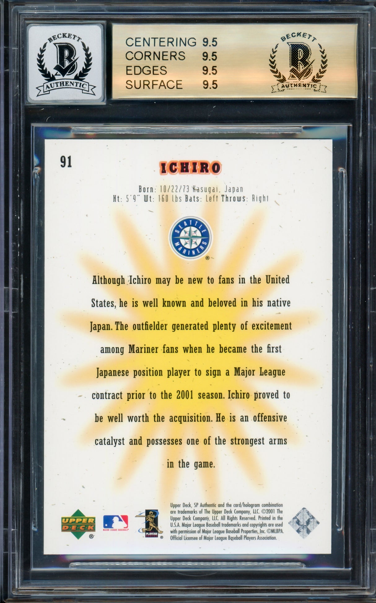 Ichiro Suzuki Autographed 2001 SP Authentic Rookie Card #91 Seattle Mariners BGS 9.5 Auto Grade Gem Mint 10 "01 ROY/MVP" #299/1250 Beckett BAS #14323684
