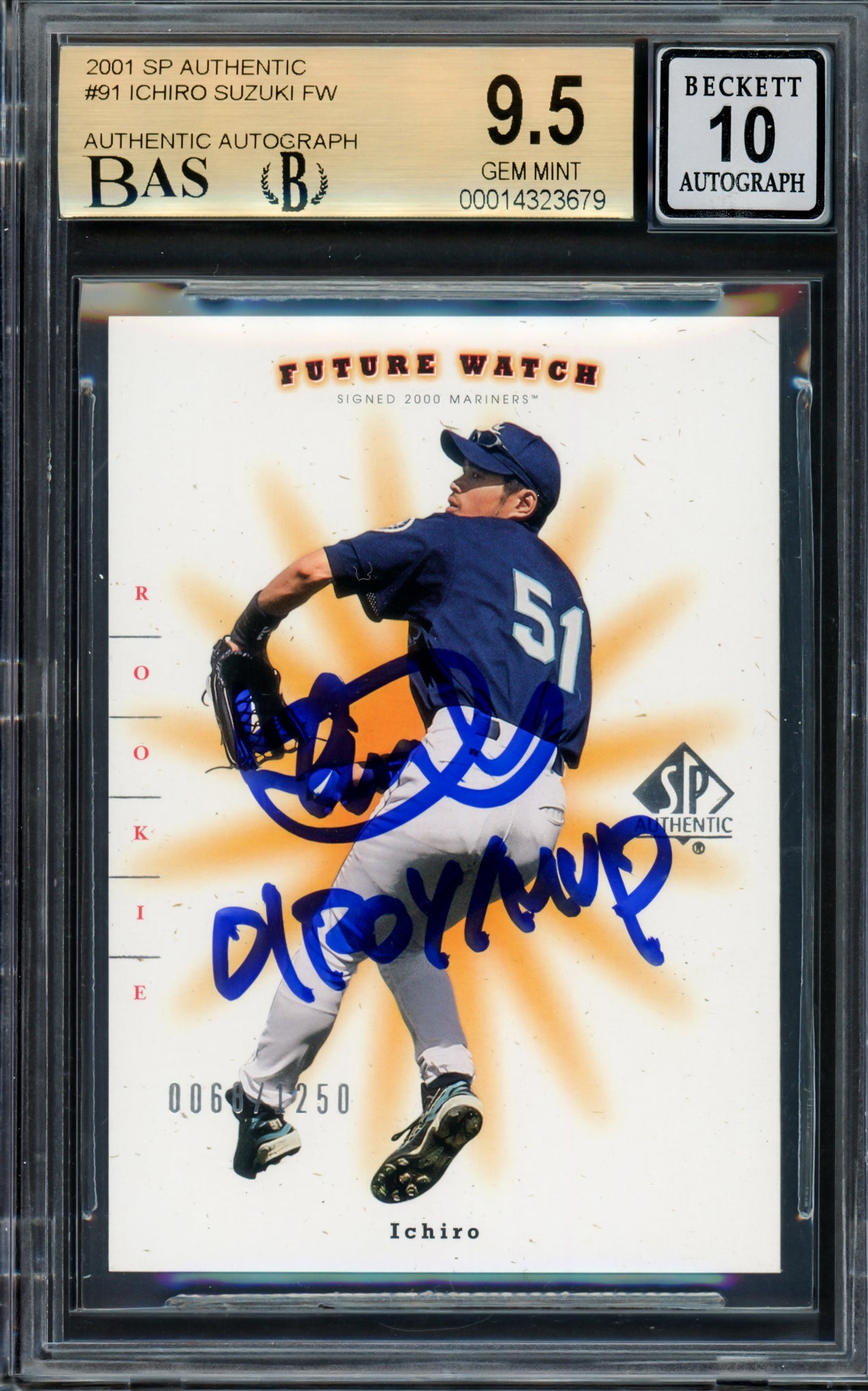Ichiro Suzuki Autographed 2001 SP Authentic Rookie Card #91 Seattle Mariners BGS 9.5 Auto Grade Gem Mint 10 "01 ROY/MVP" #68/1250 Beckett BAS #14323679