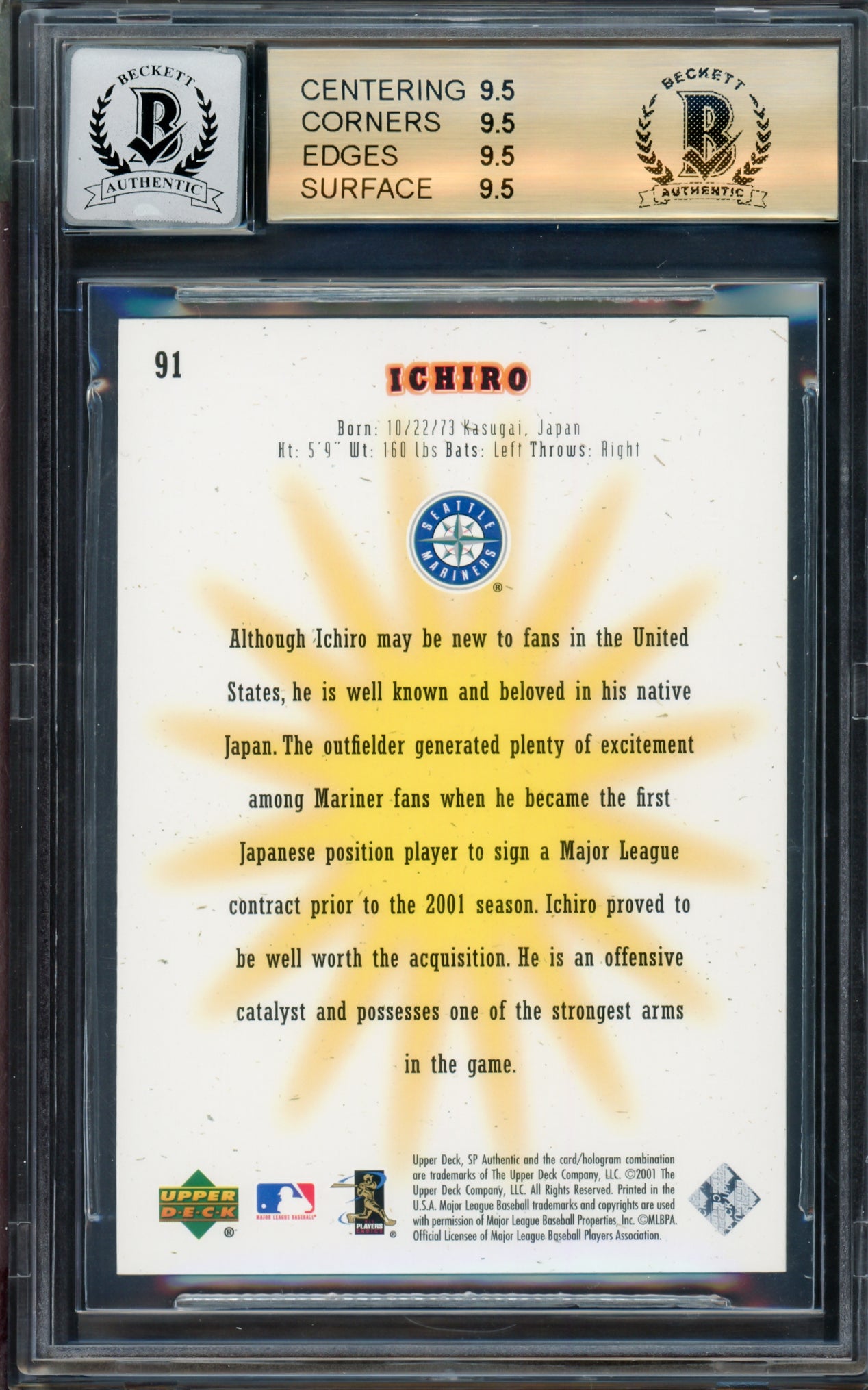 Ichiro Suzuki Autographed 2001 SP Authentic Rookie Card #91 Seattle Mariners BGS 9.5 Auto Grade Gem Mint 10 "01 ROY/MVP" #68/1250 Beckett BAS #14323679