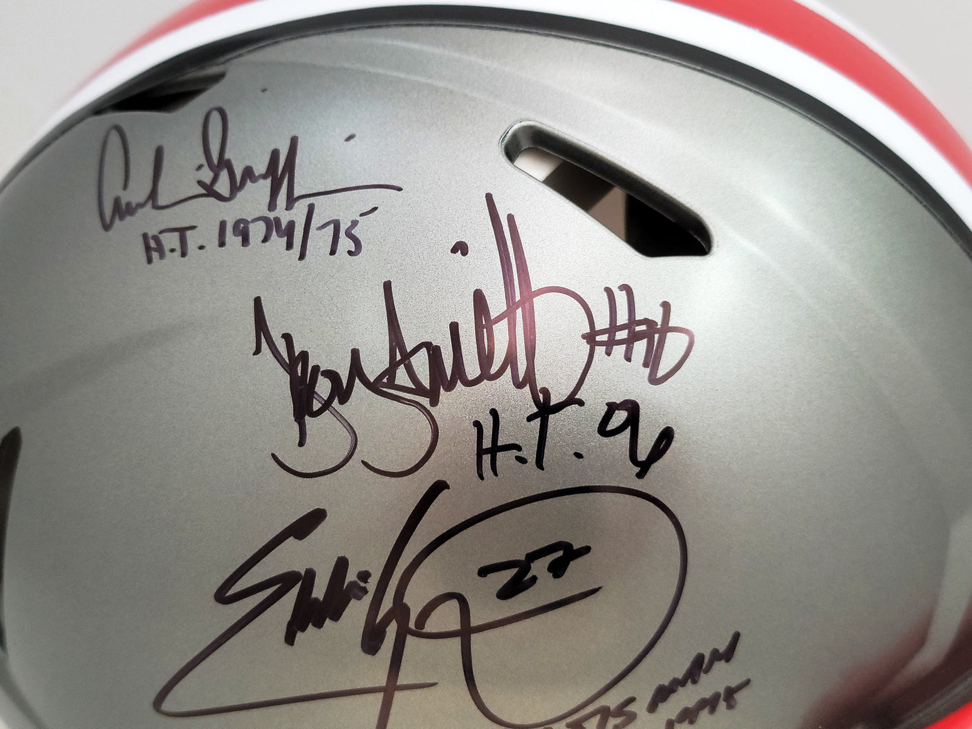 Archie Griffin, Eddie George & Troy Smith Autographed Ohio State Buckeyes Flash Gray Full Size Authentic Speed Helmet "Heisman" Beckett BAS QR Stock #203902
