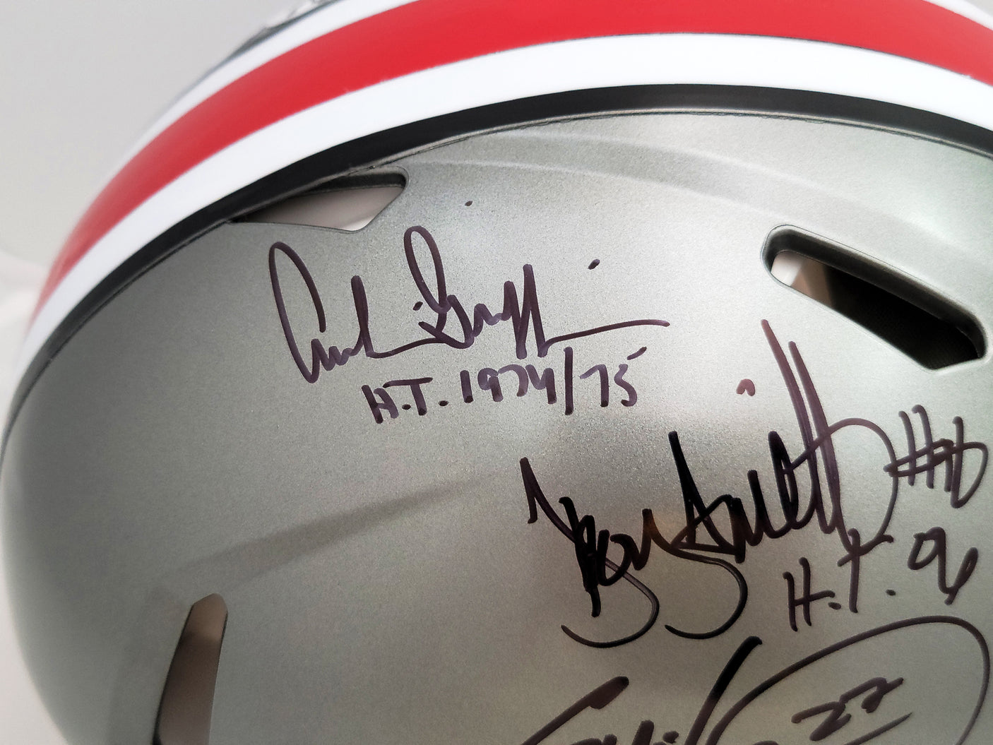 Archie Griffin, Eddie George & Troy Smith Autographed Ohio State Buckeyes Flash Gray Full Size Authentic Speed Helmet "Heisman" Beckett BAS QR Stock #203902