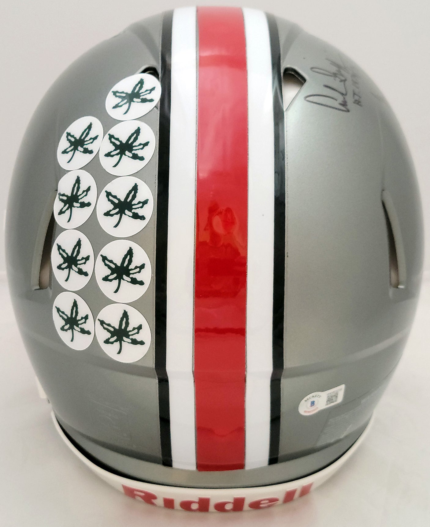 Archie Griffin, Eddie George & Troy Smith Autographed Ohio State Buckeyes Flash Gray Full Size Authentic Speed Helmet "Heisman" Beckett BAS QR Stock #203902