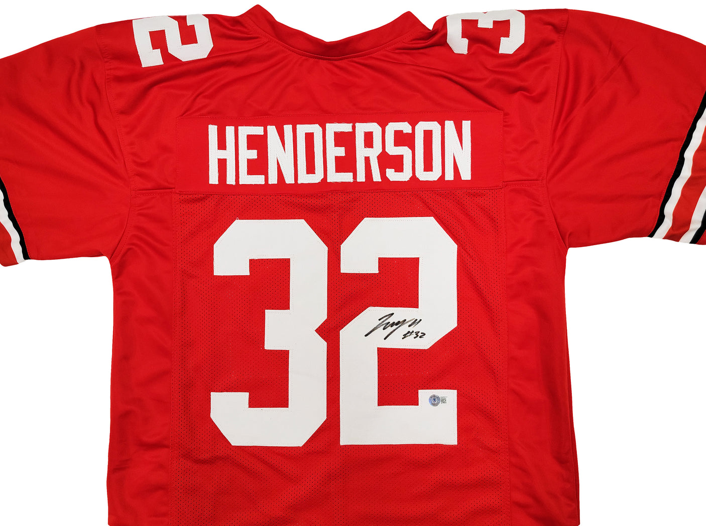 Ohio State Buckeyes TreVeyon Henderson Autographed Red Jersey Beckett BAS QR Stock #203905