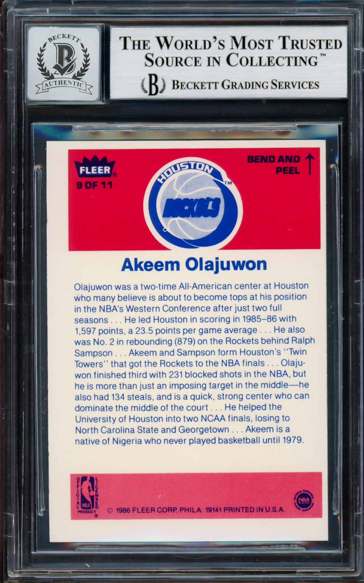 Hakeem Olajuwon Autographed 1986-87 Fleer Stickers Rookie Card #9 Houston Rockets Auto Grade Gem Mint 10 Beckett BAS #14127432
