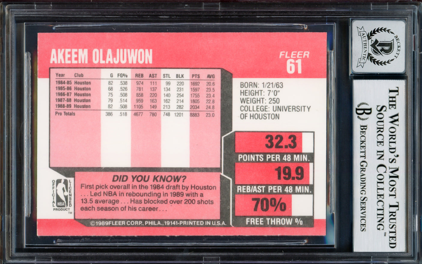 Hakeem Olajuwon Autographed 1989-90 Fleer Card #61 Houston Rockets Auto Grade Gem Mint 10 Beckett BAS #14128323