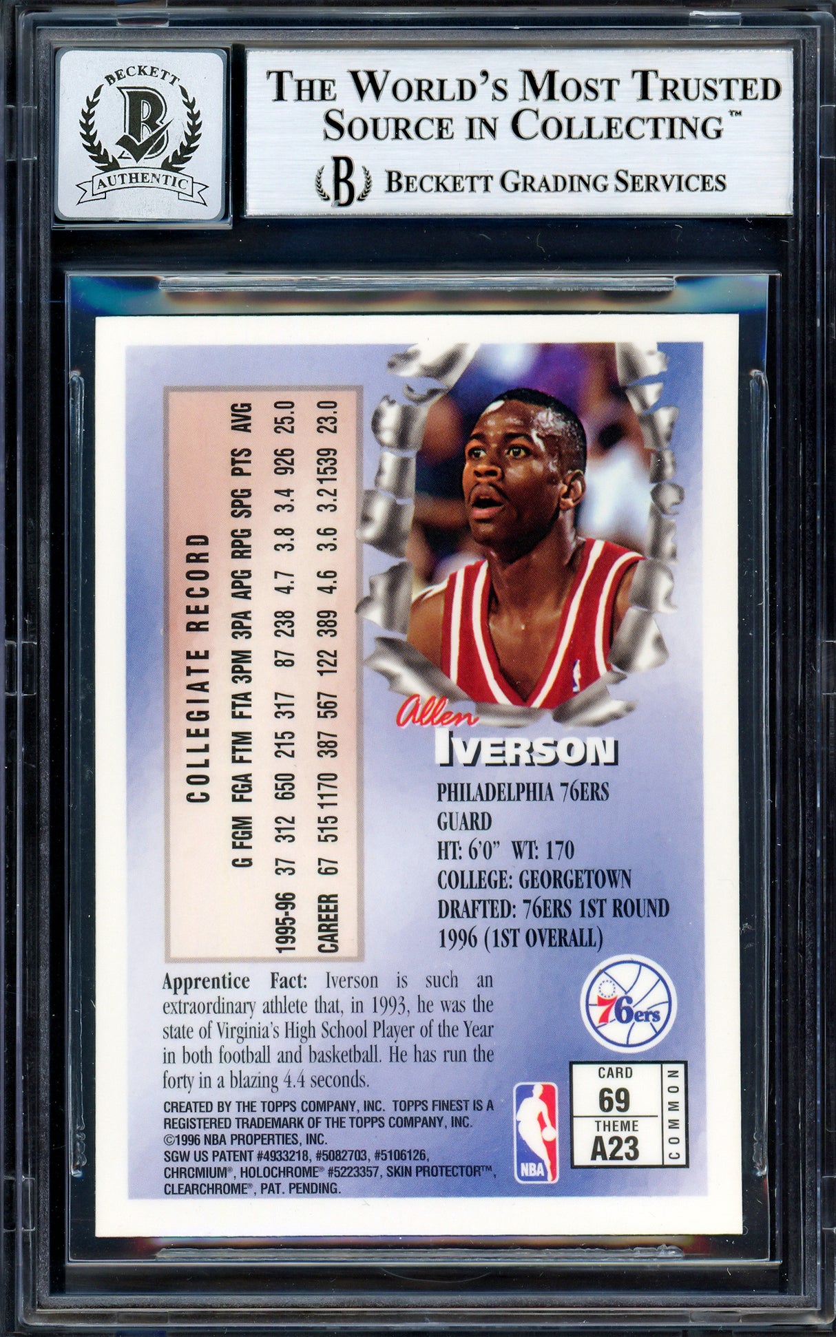 Allen Iverson Autographed 1996-97 Topps Finest Rookie Card #69 Philadelphia 76ers Auto Grade Gem Mint 10 Beckett BAS Stock #205790