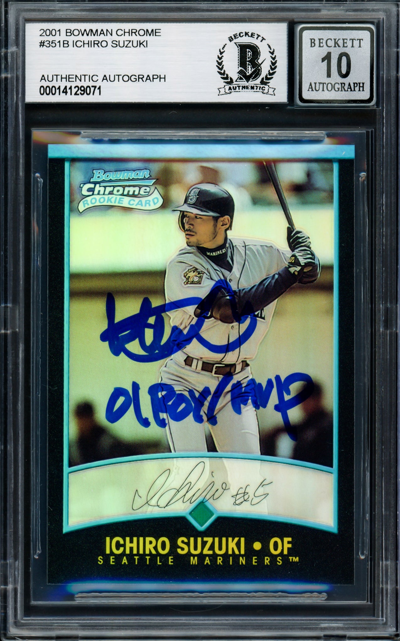 Ichiro Suzuki Autographed 2001 Bowman Chrome Refractor Japanese Rookie Card #351 Seattle Mariners Auto Grade Gem Mint 10 "01 ROY/MVP" Beckett BAS #14129071