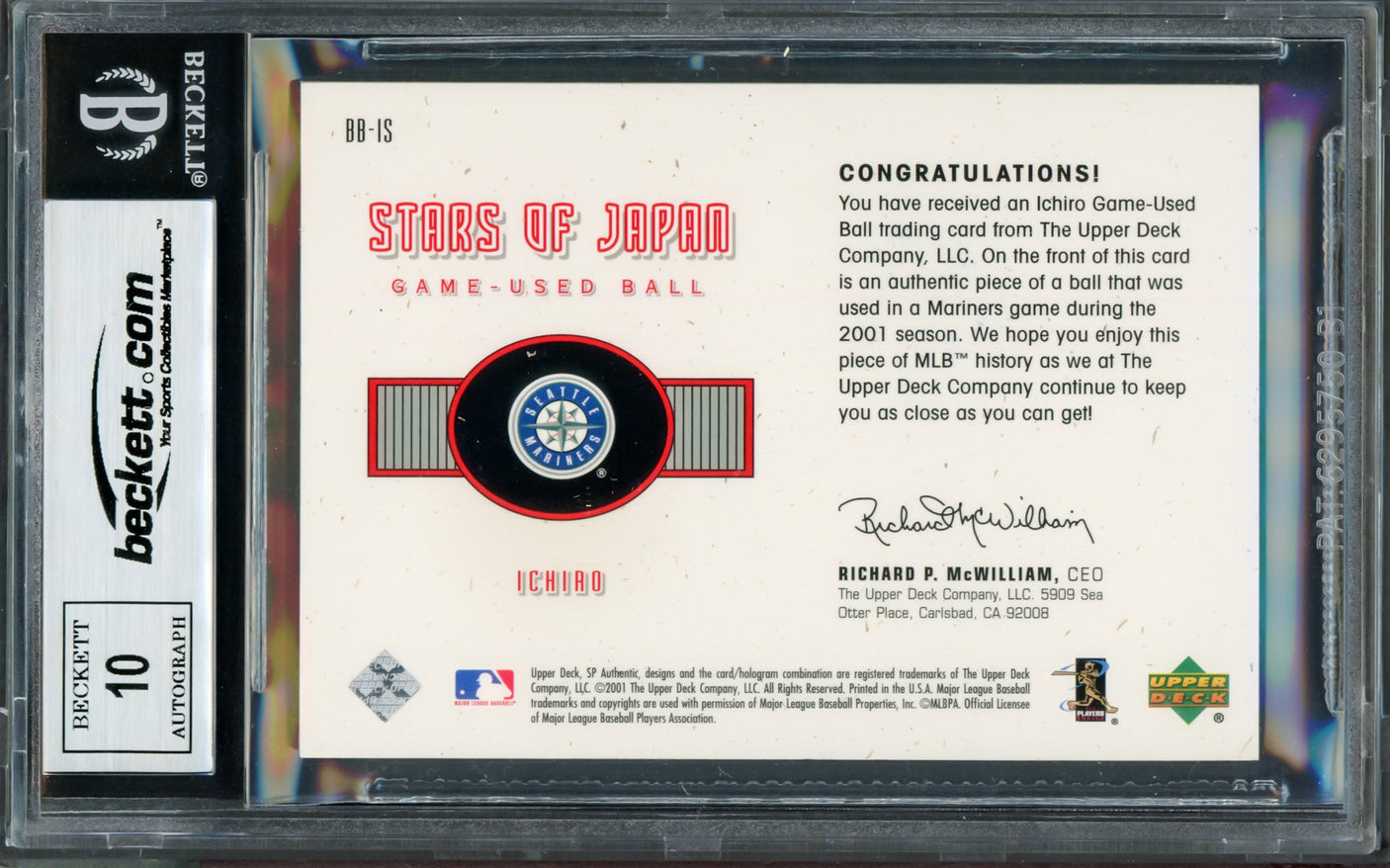 Ichiro Suzuki Autographed 2001 SP Authentic Stars of Japan Game Used Ball Rookie Card #BB-IS Seattle Mariners Auto Grade Gem Mint 10 Beckett BAS #14129086