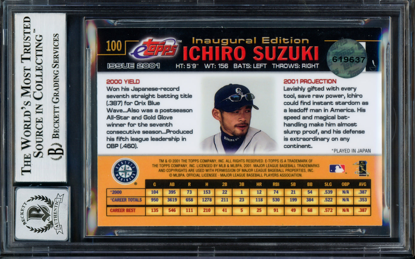 Ichiro Suzuki Autographed 2001 eTopps Rookie Card #100 Seattle Mariners Auto Grade Gem Mint 10 01 ROY/MVP Beckett BAS #14129125
