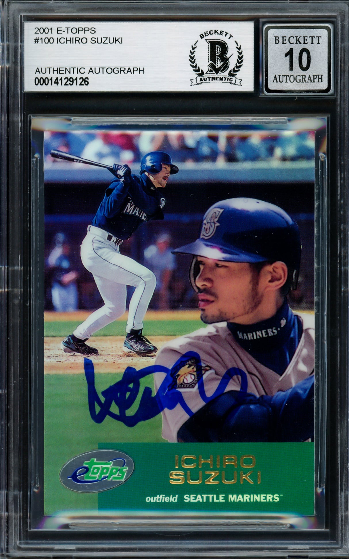 Ichiro Suzuki Autographed 2001 eTopps Rookie Card #100 Seattle Mariners Auto Grade Gem Mint 10 Beckett BAS #14129126