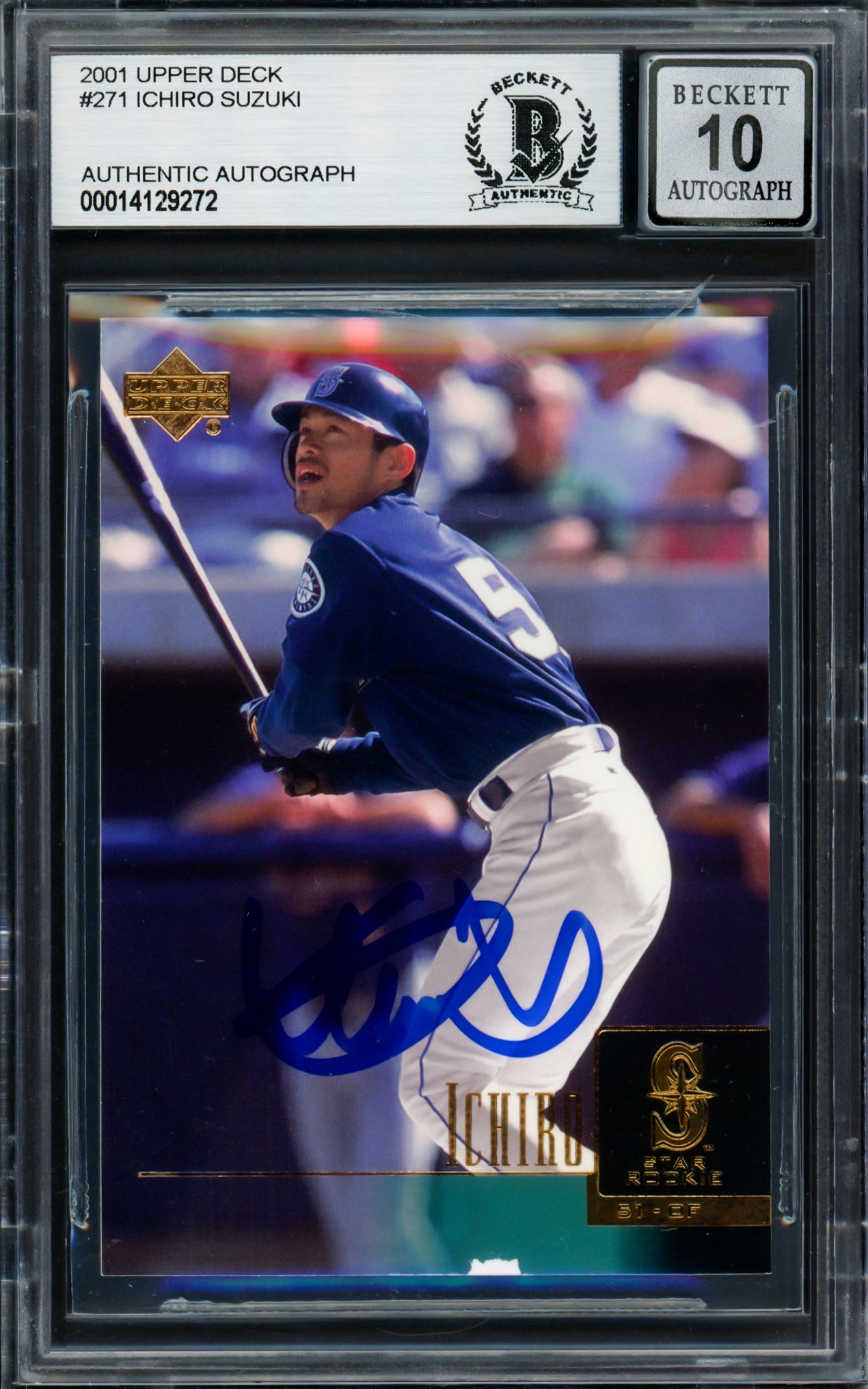 Ichiro Suzuki Autographed 2001 Upper Deck Rookie Card #271 Seattle Mariners Auto Grade Gem Mint 10 (Chipped Bottom) Beckett BAS #14129272