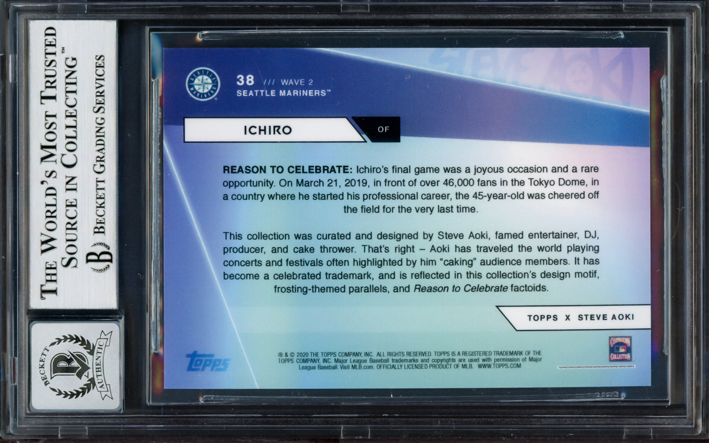 Ichiro Suzuki Autographed 2020 Steve Aoki Topps X Wave 2 Card #38 Seattle Mariners Auto Grade Gem Mint 10 Beckett BAS Stock #205843