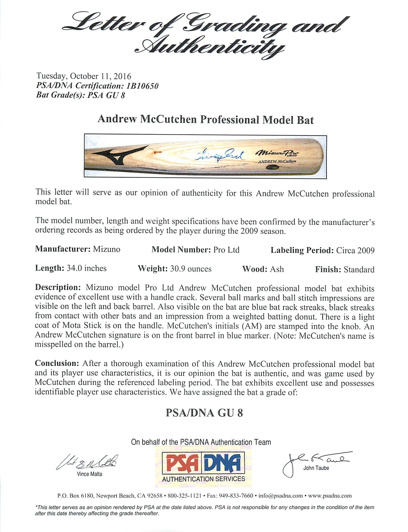 Pirates Andrew McCutchen Signed Game Used Rookie Baseball Bat PSA Rookiegraph