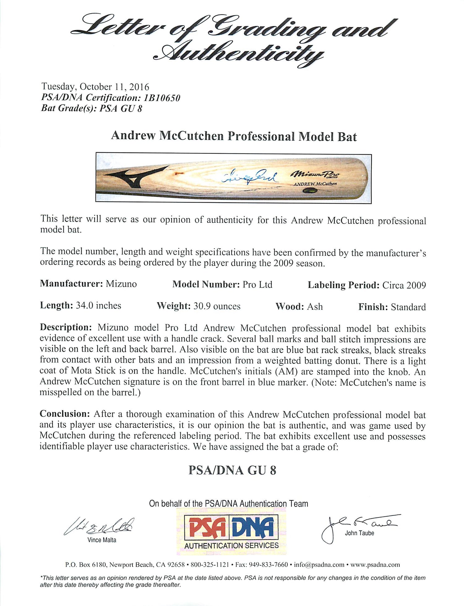 Pirates Andrew McCutchen Signed Game Used Rookie Baseball Bat PSA Rookiegraph