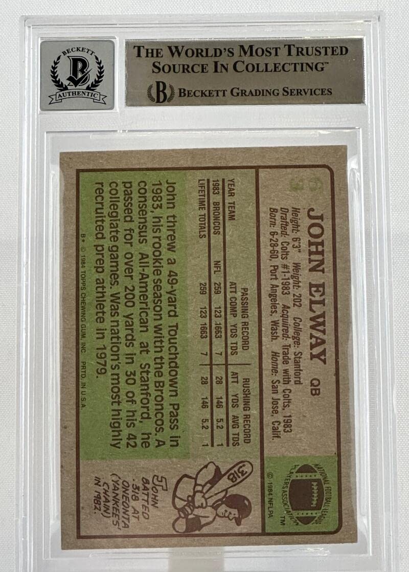 1984 Topps #63 John Elway Auto Denver Broncos BGS Autograph 10