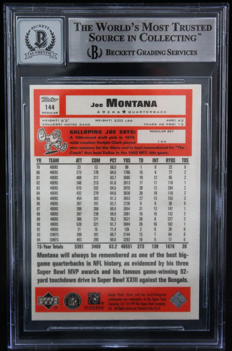 1999 Upper Deck Retro #144 Joe Montana Auto SF 49ers BGS Autograph 10