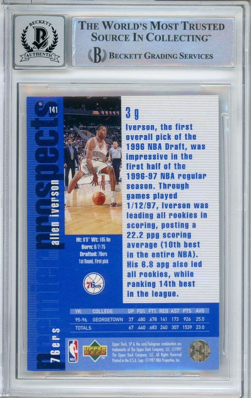 1996-97 Upper Deck SP #141 Allen Iverson RC 76ers BGS Autograph 10
