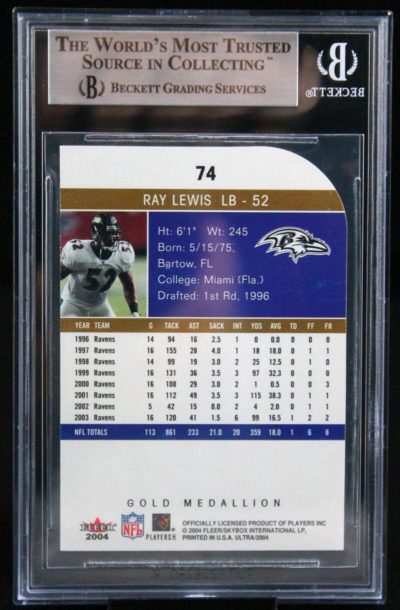 2004 Ultra Gold Medallion #74 Ray Lewis Baltimore Ravens BGS Autograph 10
