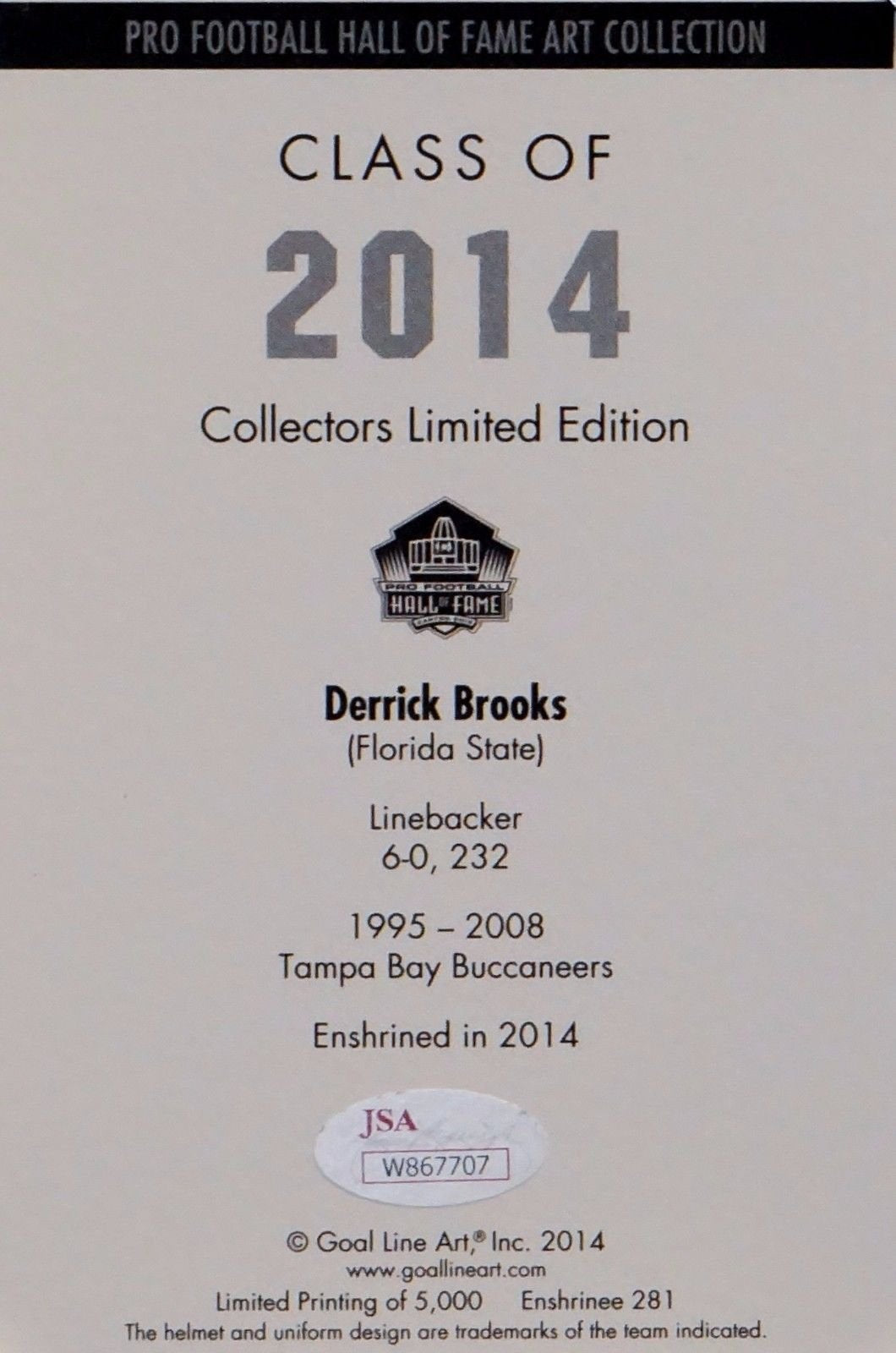 Derrick Brooks Signed TB Buccaneers Goal Line Art Card w/ HOF-JSA W Auth *Blue L