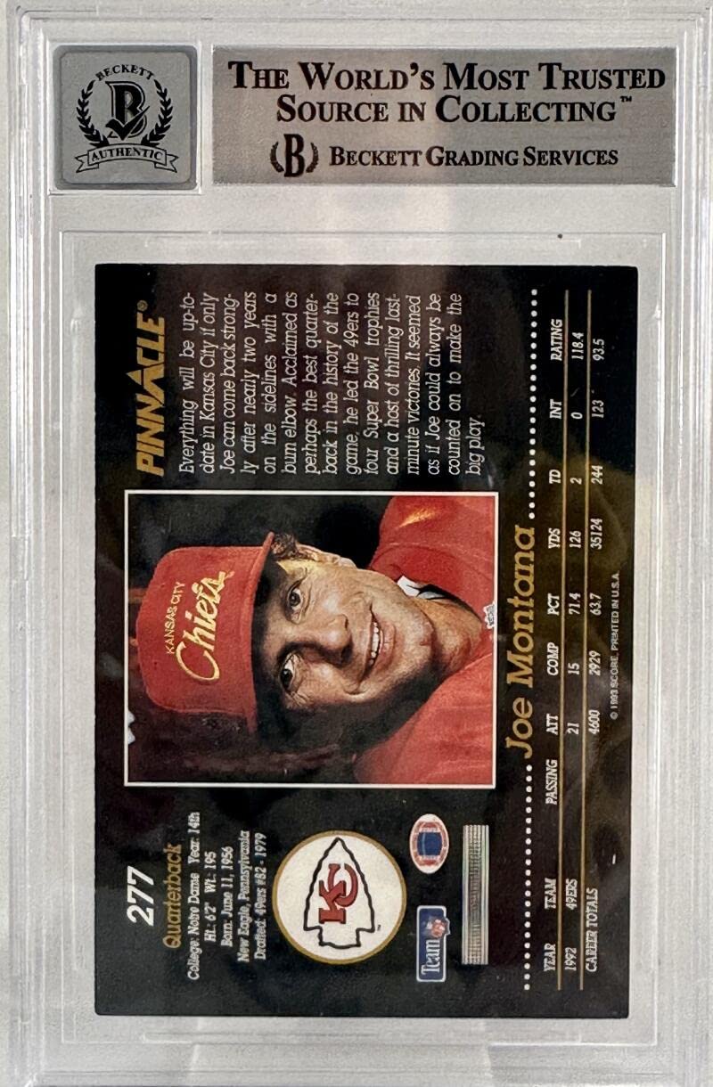 1993 Pinnacle #277 Joe Montana Auto Kansas City Chiefs BGS Autograph 10