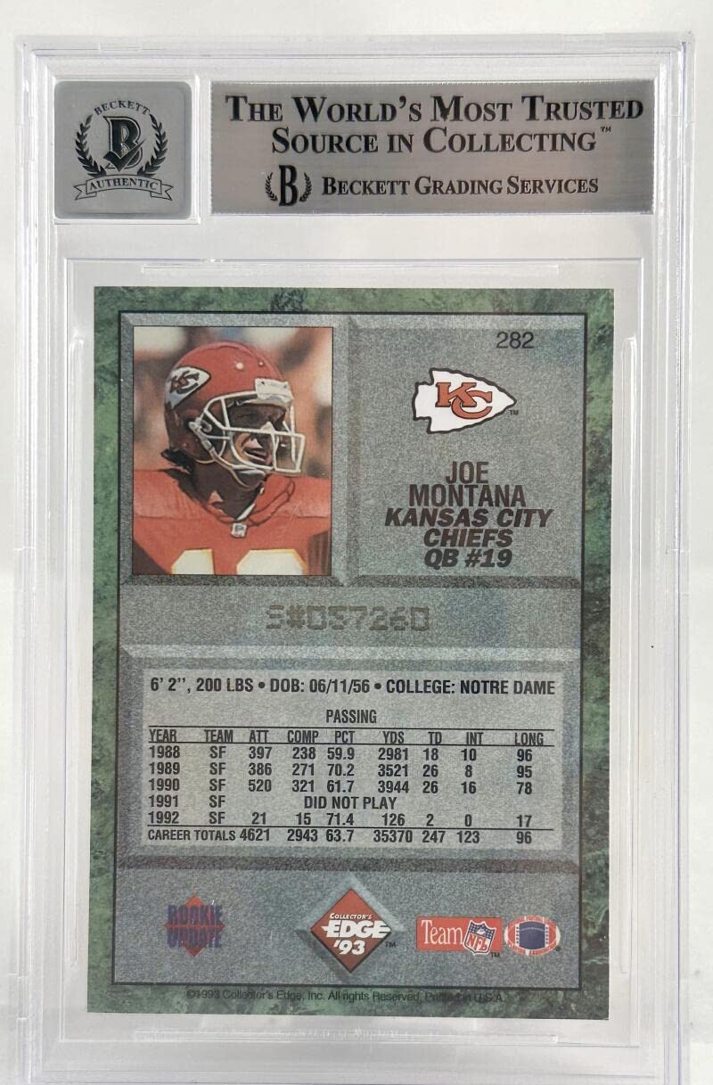 1993 Collector's Edge #282 Joe Montana Auto Kansas City Chiefs BGS Autograph 10