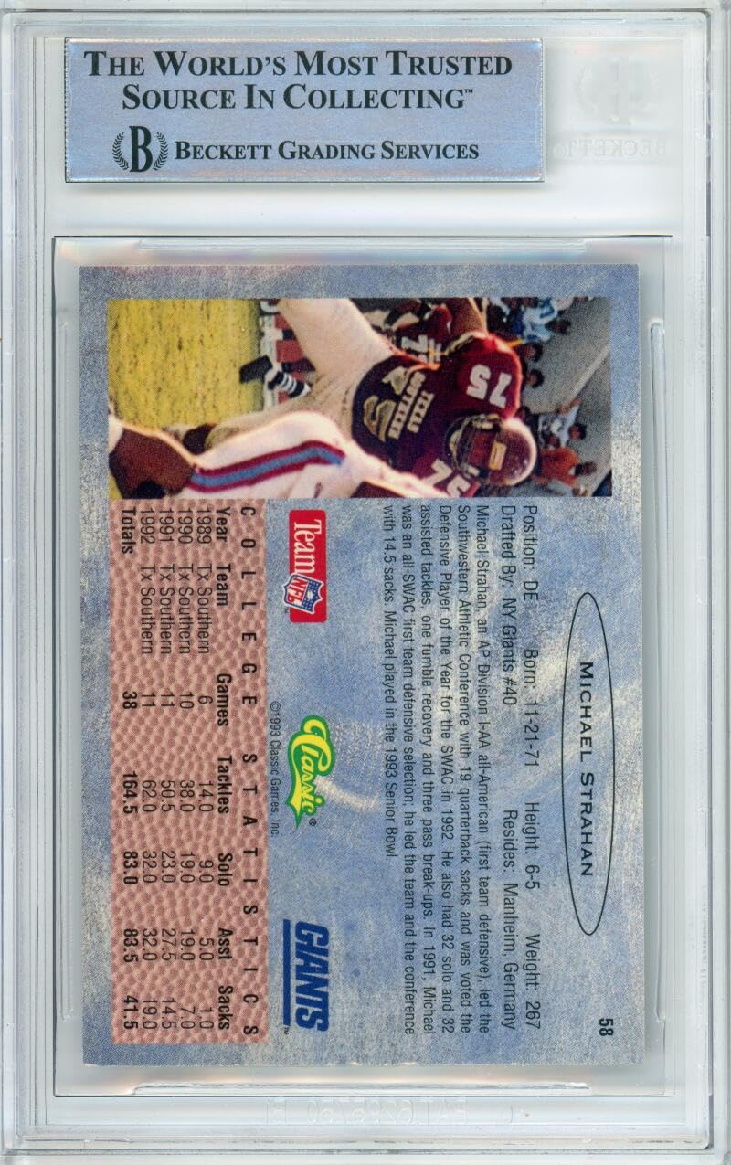 1993 Classic #58 Michael Strahan RC New York Giants BGS Autograph 10