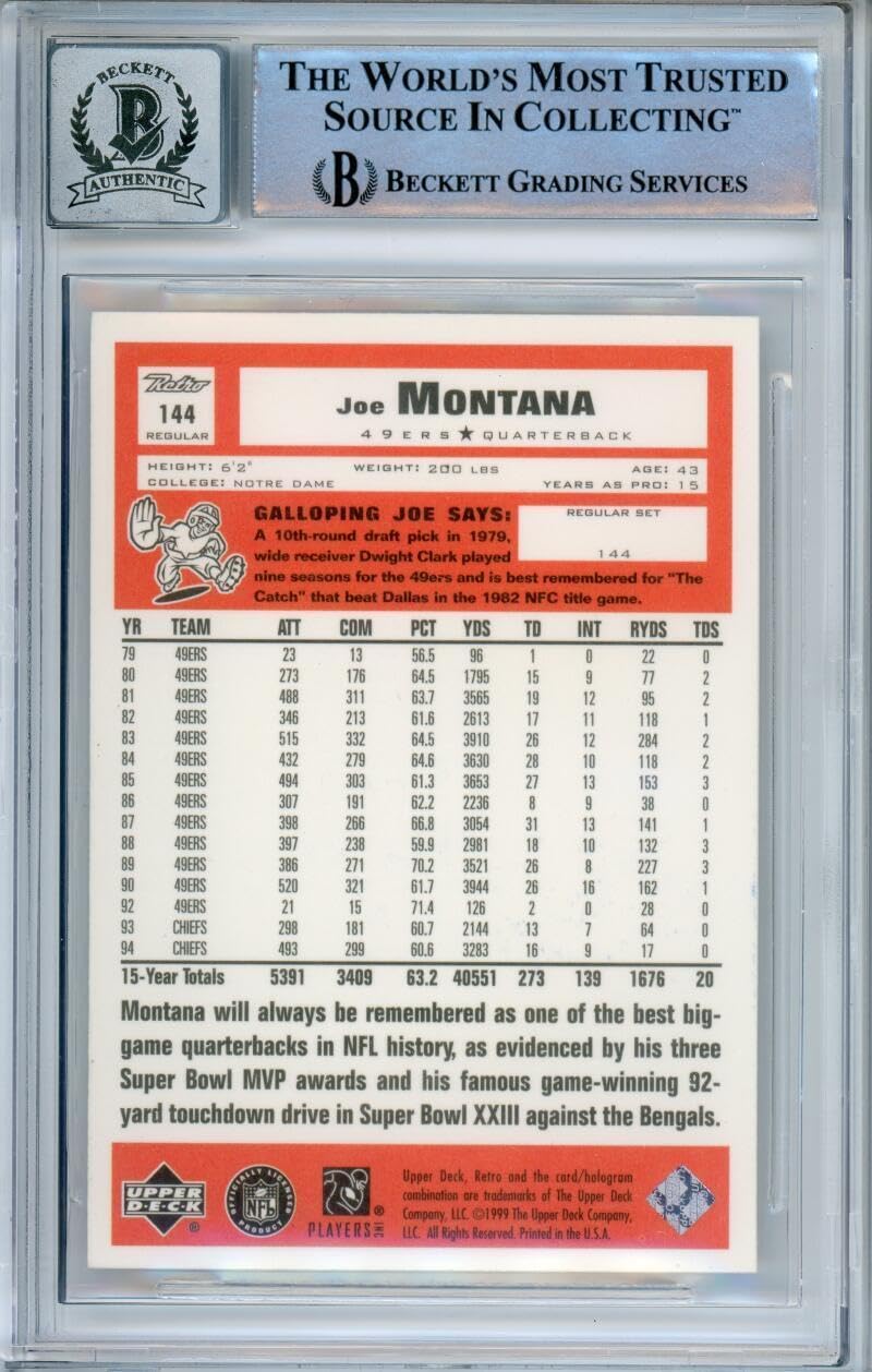 1999 Upper Deck Retro #144 Joe Montana San Francisco 49ers BGS Autograph 10