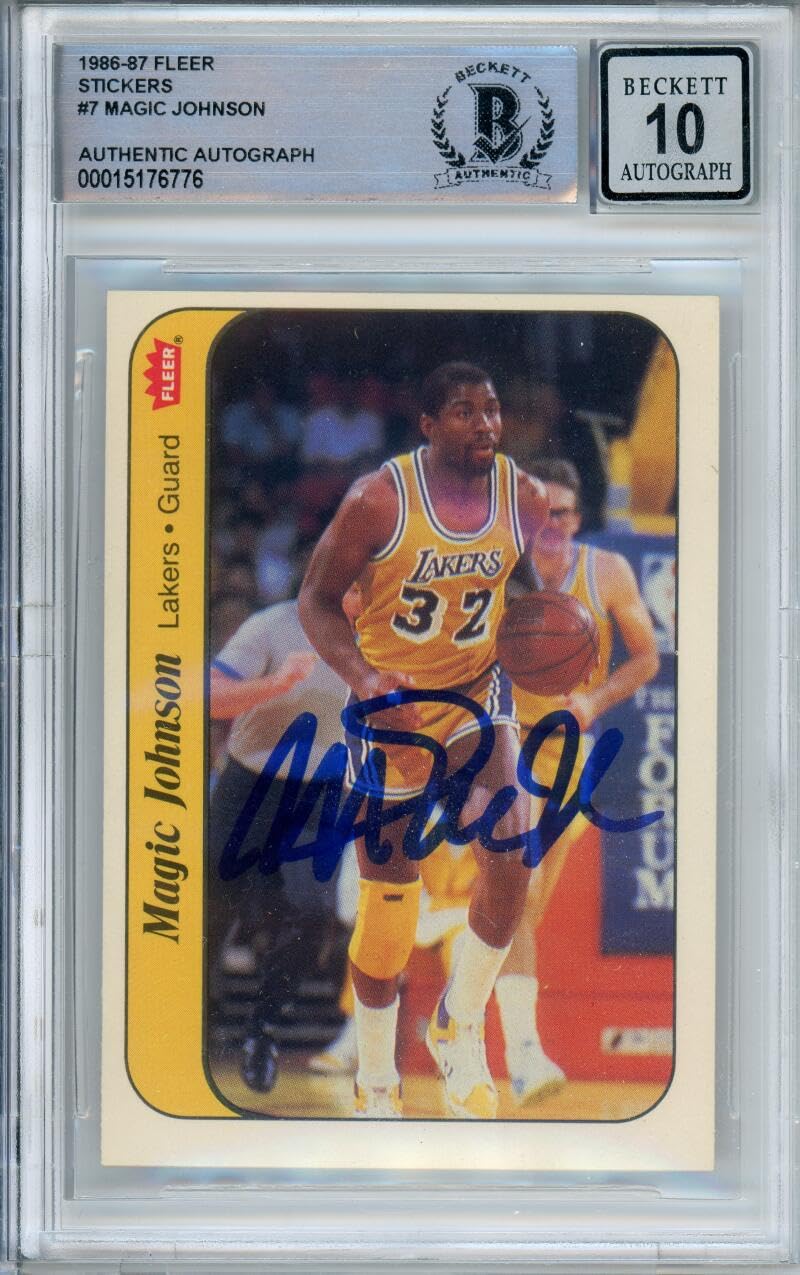 1986-87 Fleer Stickers #7 Magic Johnson Lakers BGS Autograph 10