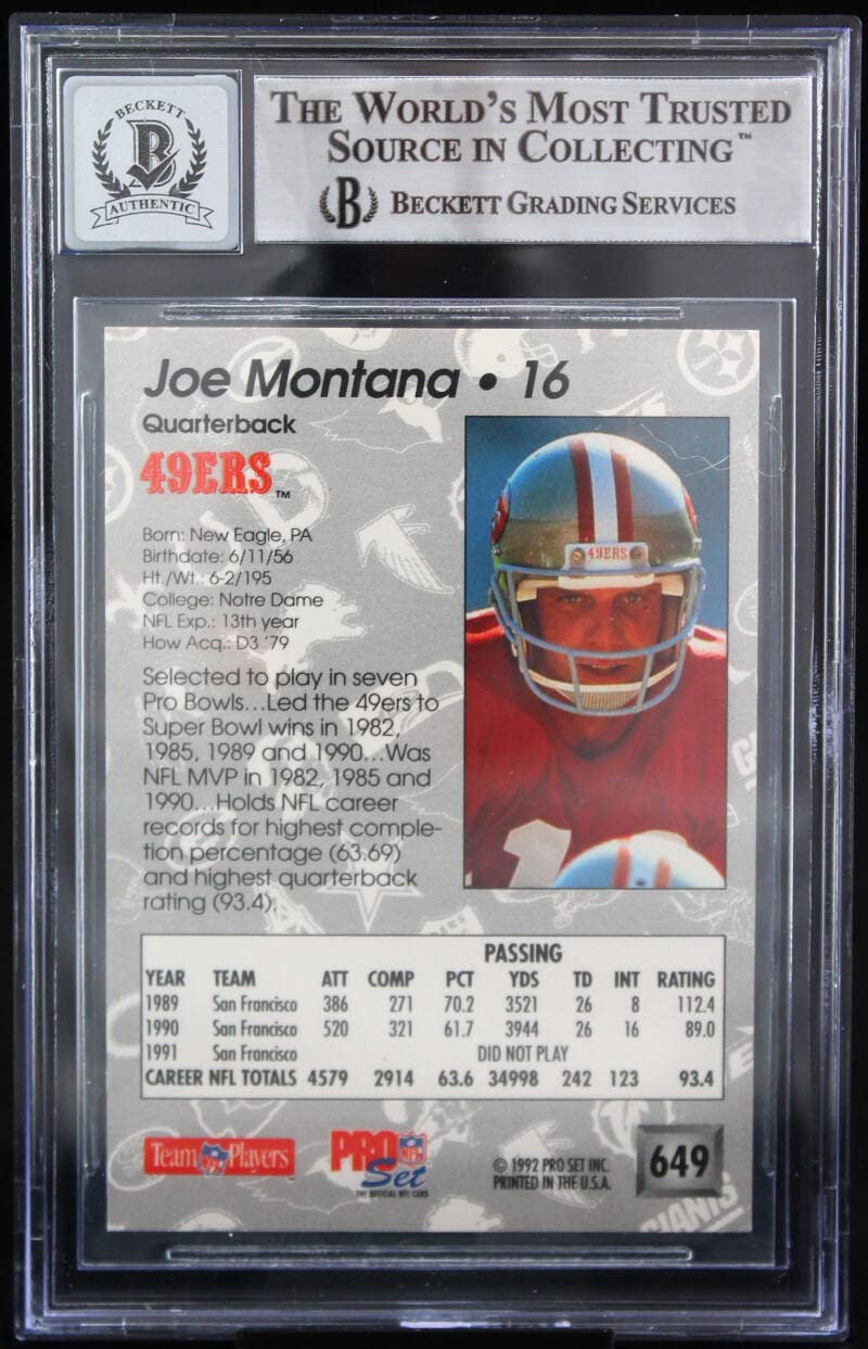 1992 Pro Set #649 Joe Montana Auto San Francisco 49ers BGS Autograph 10