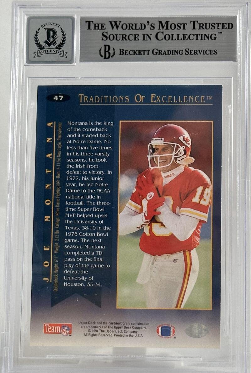 1994 Collector's Choice #47 Joe Montana Auto Kansas City Chiefs BGS Autograph 10