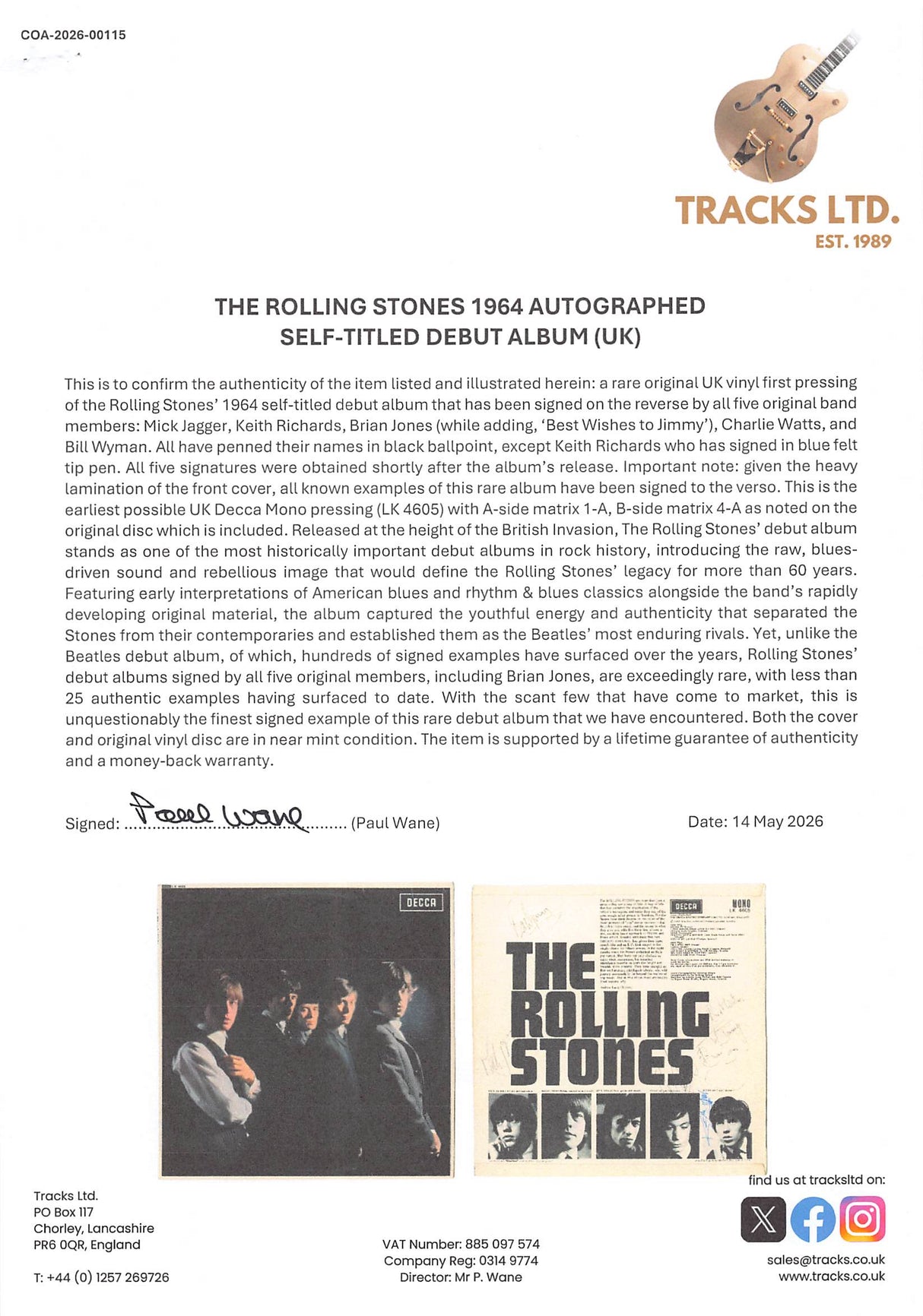Rolling Stones (5) Jagger, Richards, Jones, Watts & Wyman Signed Album Cover BAS
