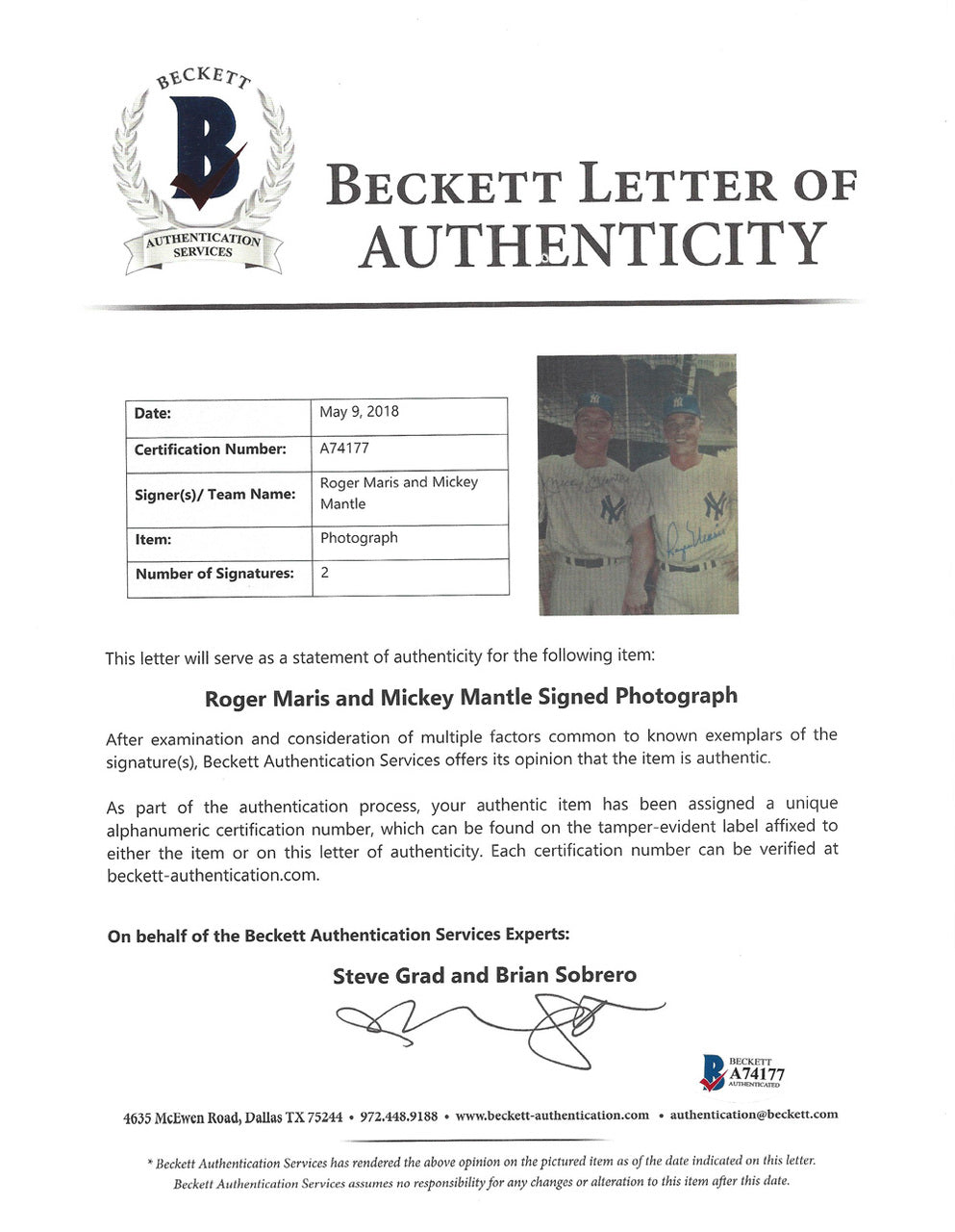 Mickey Mantle & Roger Maris Autographed Framed 7x10 Magazine Page Photo New York Yankees Beckett BAS #A74177