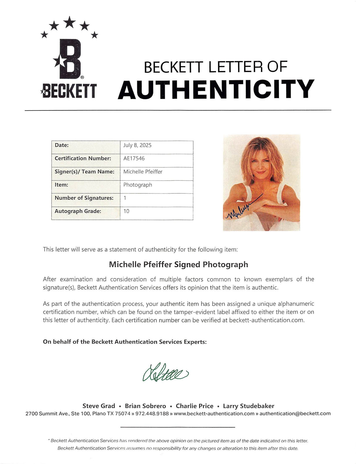 Michelle Pfeiffer Dangerous Minds Signed 8x10 Photo Auto Graded 10! BAS #AE17546