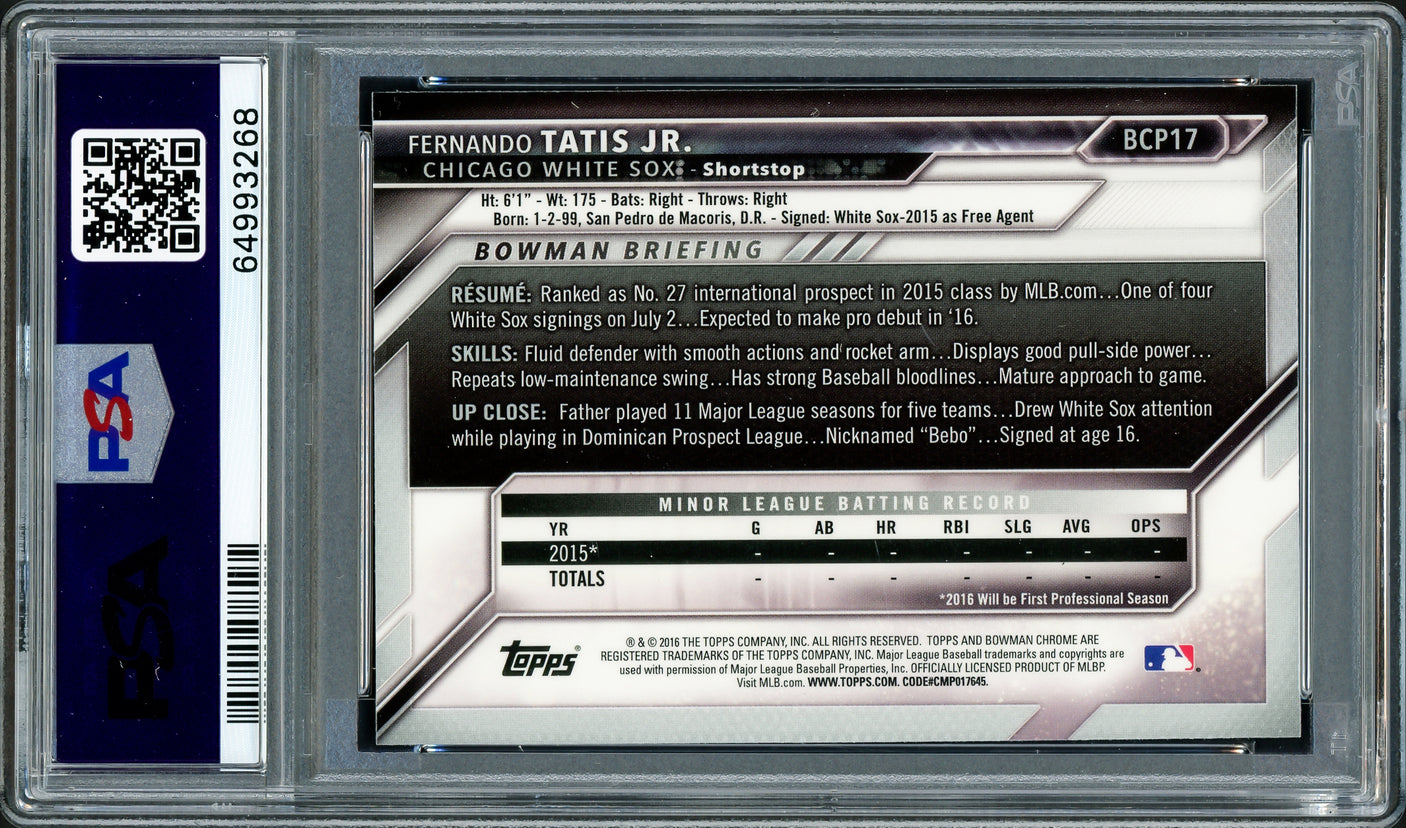Fernando Tatis Jr. Autographed 2016 Bowman Chrome Prospects Rookie Card #BCP17 San Diego Padres PSA 9 PSA/DNA #64993268