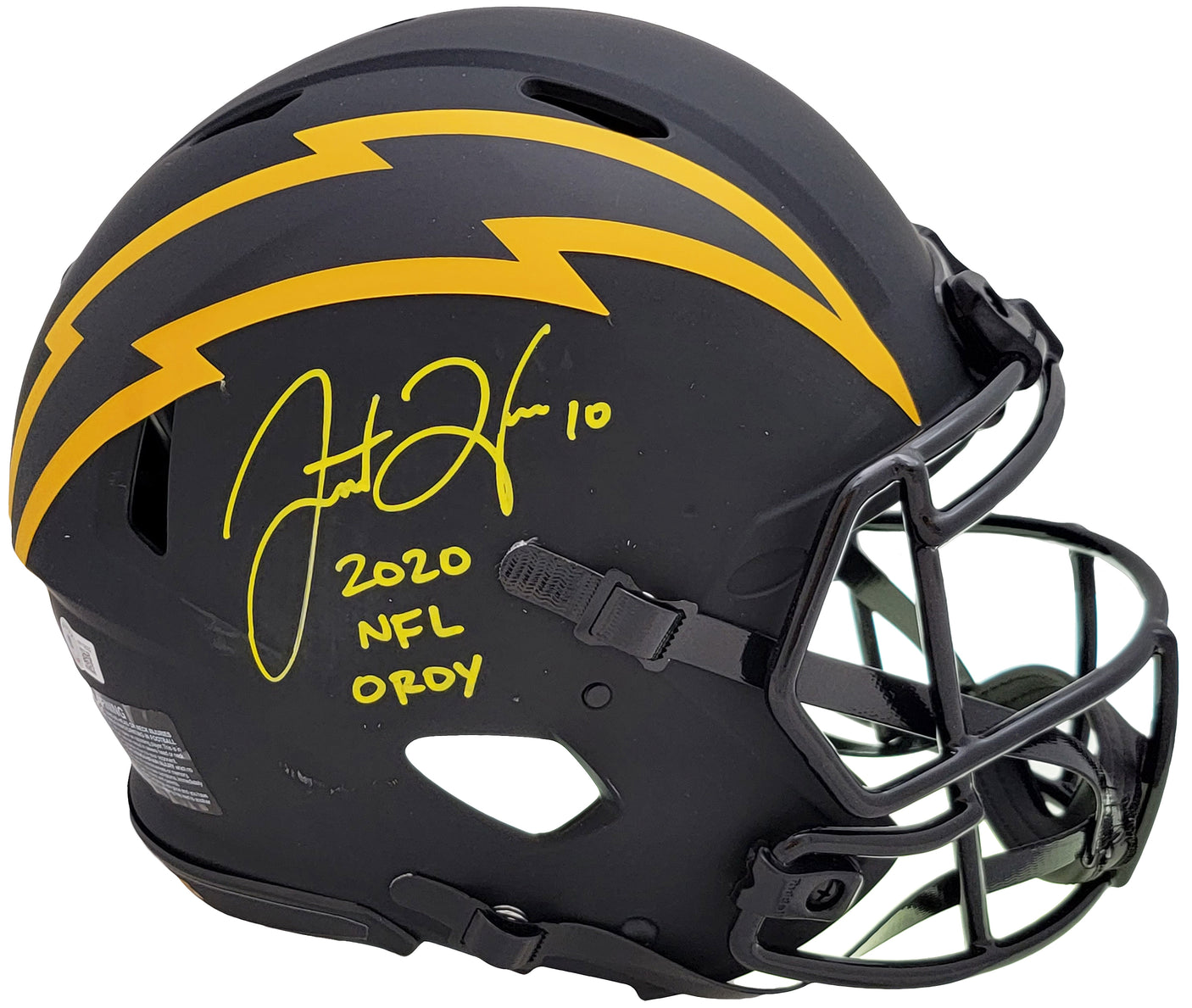 Justin Herbert Autographed Los Angeles Chargers Eclipse Black Full Size Authentic Speed Helmet "2020 NFL OROY" (Scuffed) Beckett BAS Witness Stock #206932