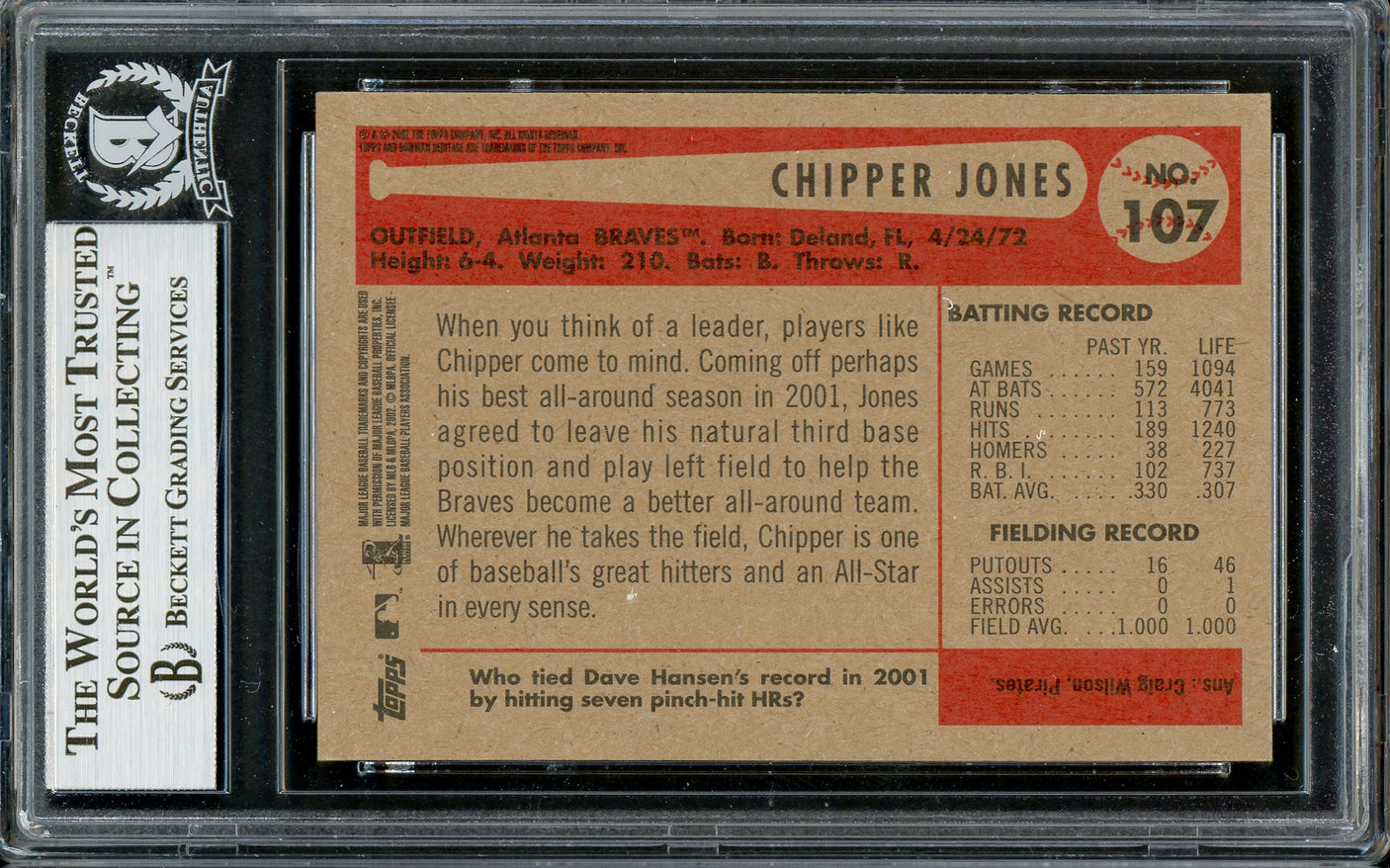 Chipper Jones Autographed 2002 Bowman Heritage Card #107 Atlanta Braves Beckett BAS #13020820