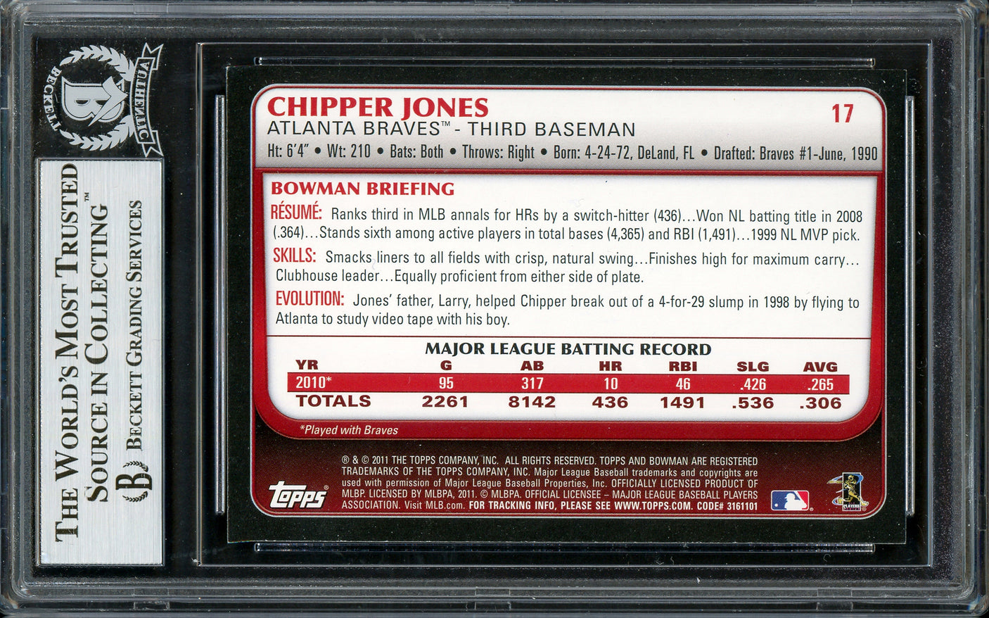 Chipper Jones Autographed 2011 Bowman Card #17 Atlanta Braves Beckett BAS #13020964