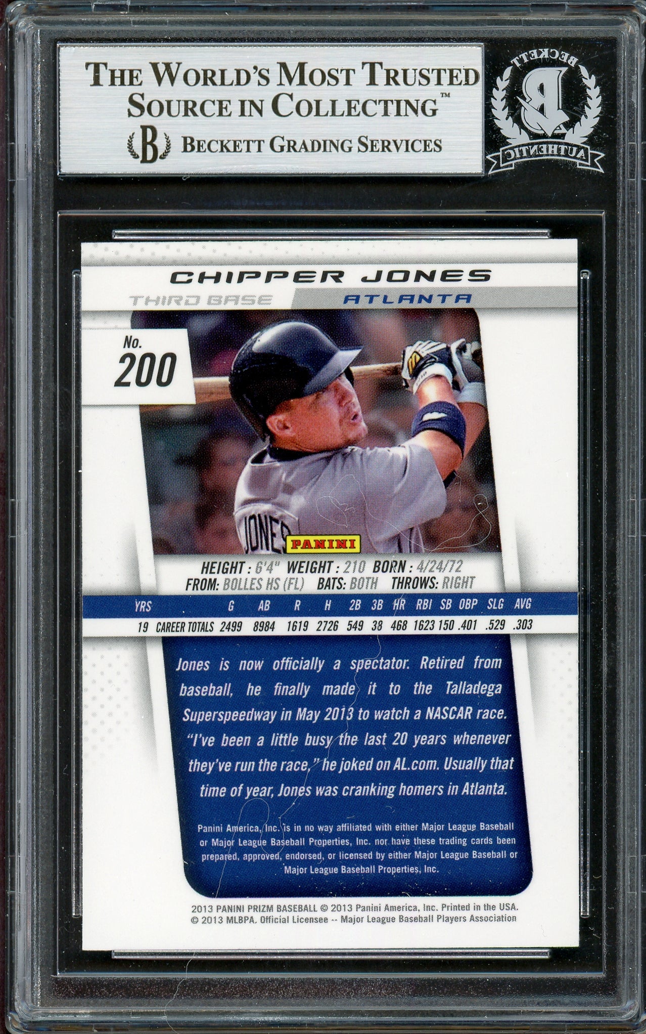 Chipper Jones Autographed 2013 Panini Prizm Card #200 Atlanta Braves Beckett BAS #13020971