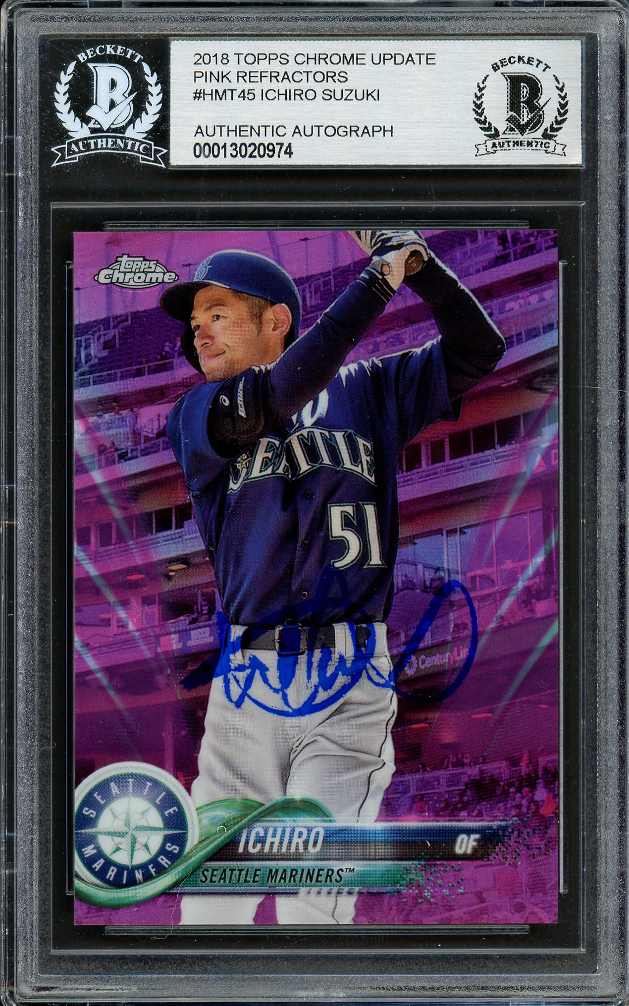 Ichiro Suzuki Autographed 2018 Topps Chrome Pink Refractor Card #HMT45 Seattle Mariners Beckett BAS #13020974