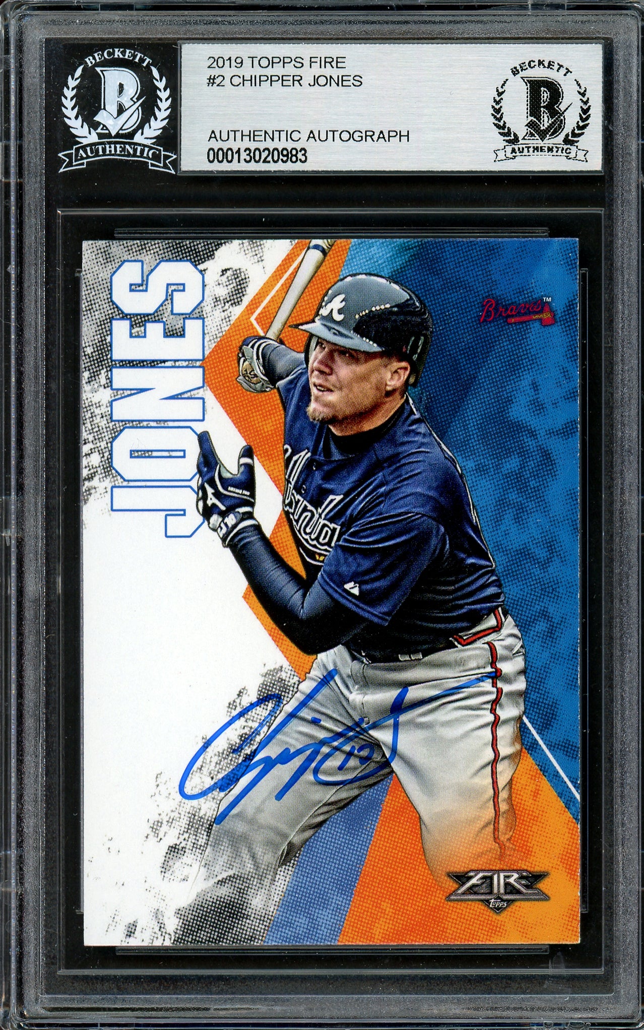 Chipper Jones Autographed 2019 Topps Fire Card #2 Atlanta Braves Beckett BAS #13020983