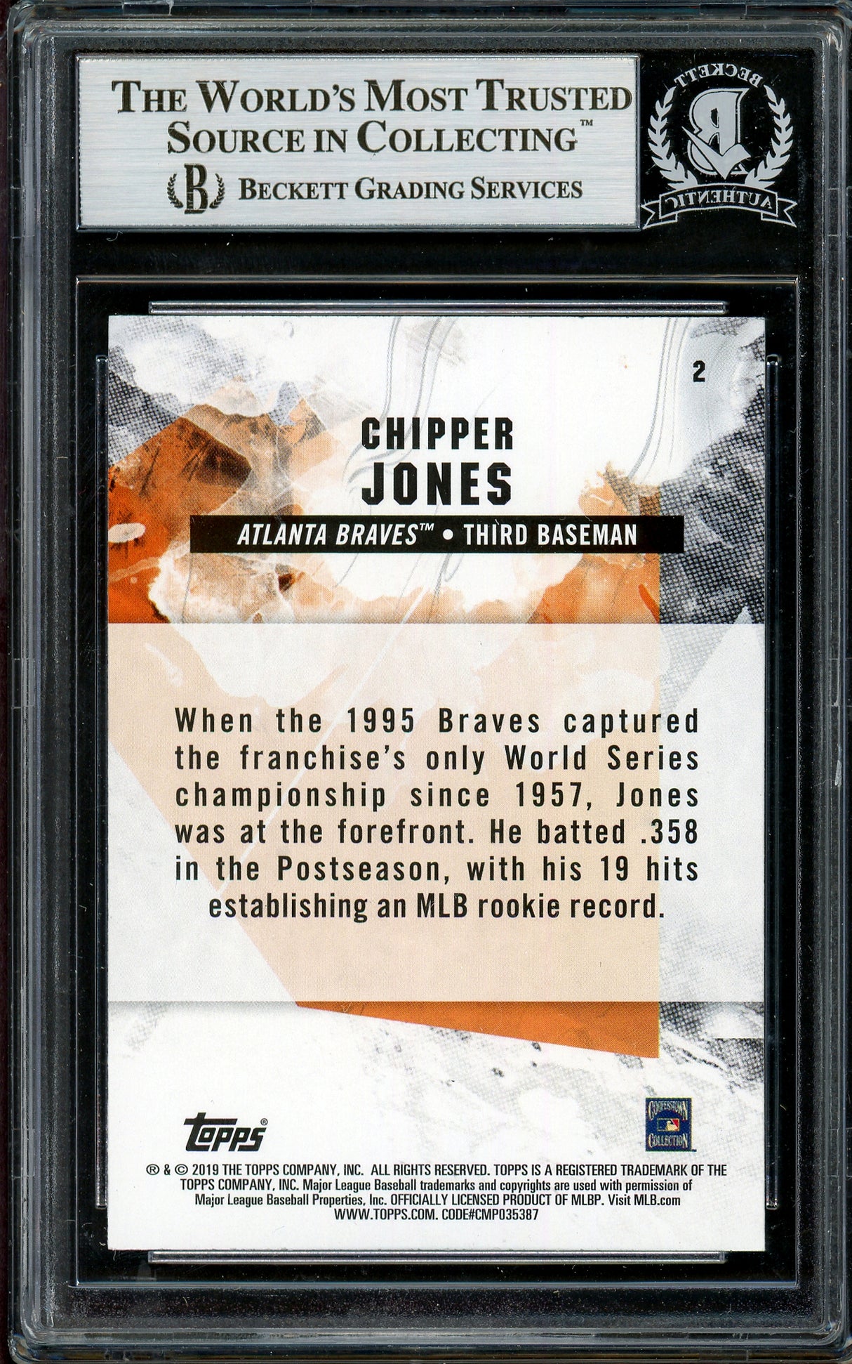 Chipper Jones Autographed 2019 Topps Fire Card #2 Atlanta Braves Beckett BAS #13020983