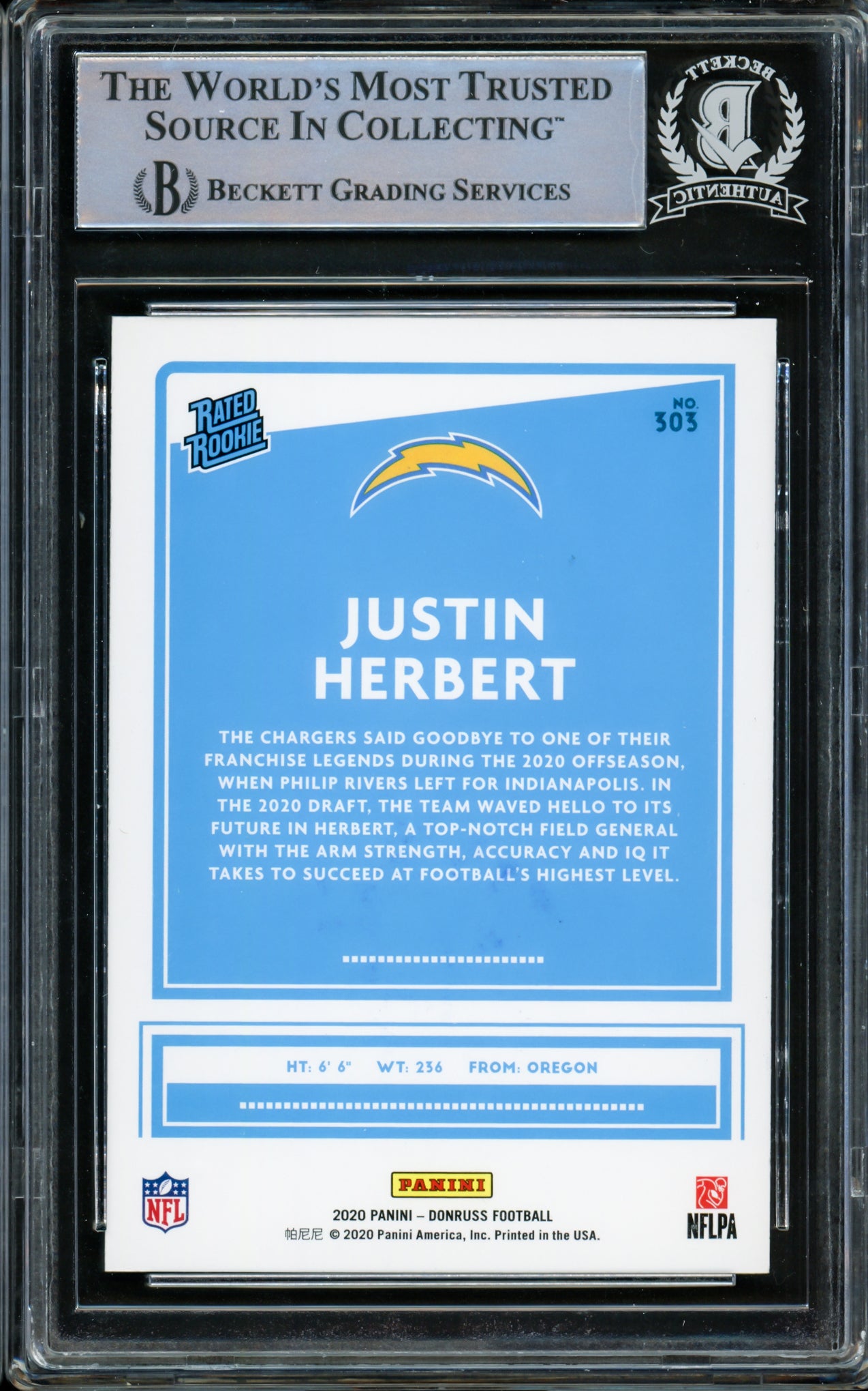Justin Herbert Autographed 2020 Donruss Rated Rookie Blue Press Proof Rookie Card #303 Los Angeles Chargers Beckett BAS #14231489