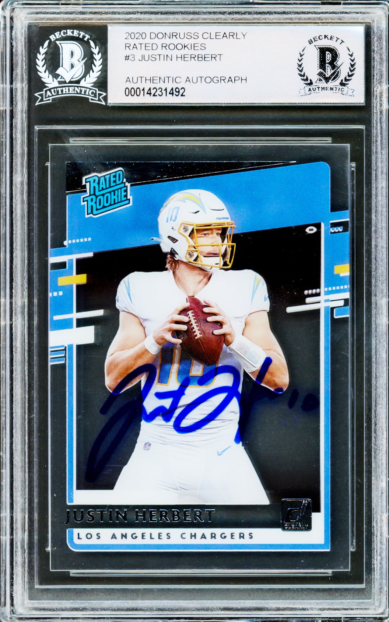 Justin Herbert Autographed 2020 Donruss Clearly Rated Rookie Card #RR-JH Los Angeles Chargers Beckett BAS #14231492