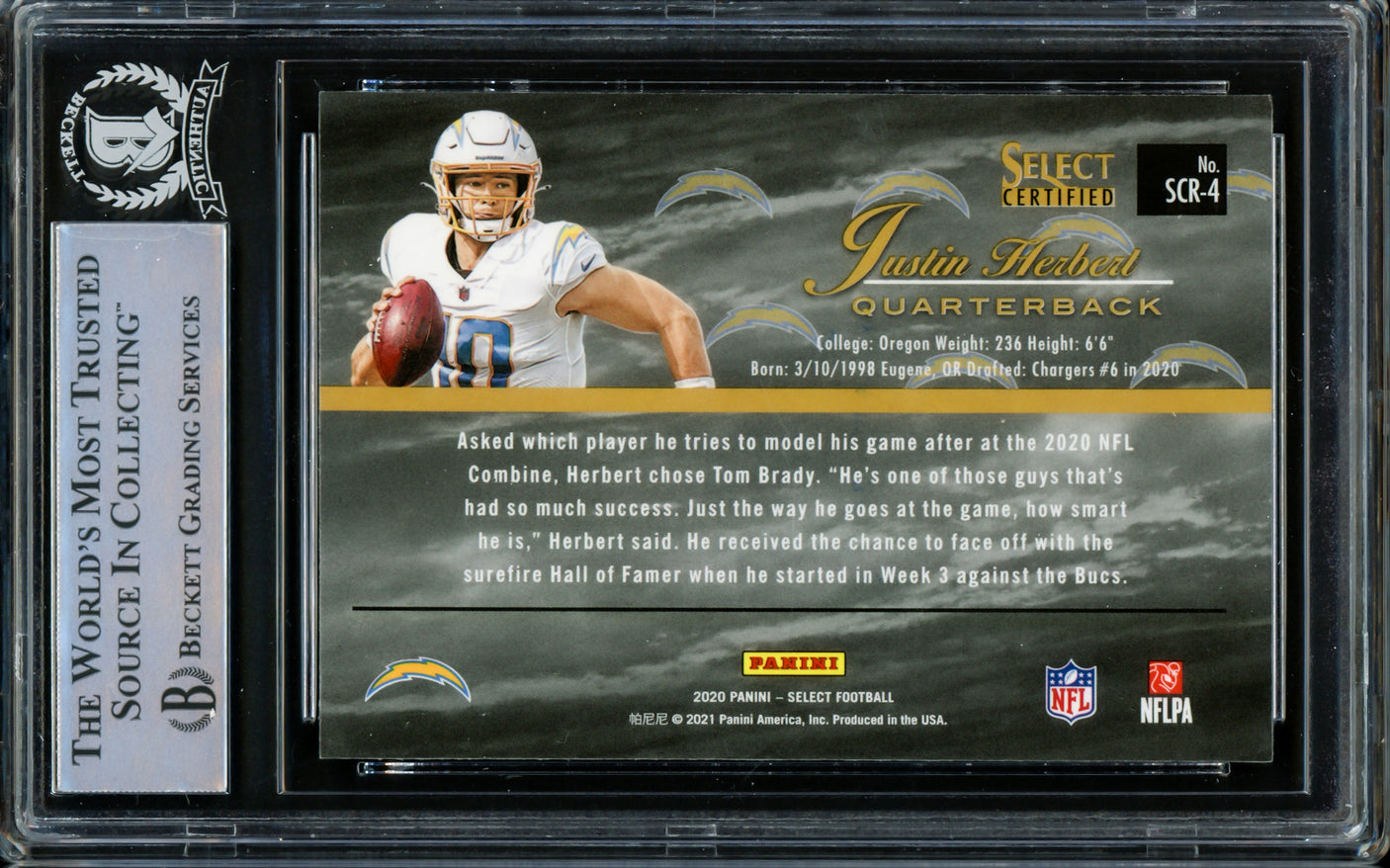 Justin Herbert Autographed 2020 Panini Select Rookie Card #SCR-4 Los Angeles Chargers Beckett BAS #14231498