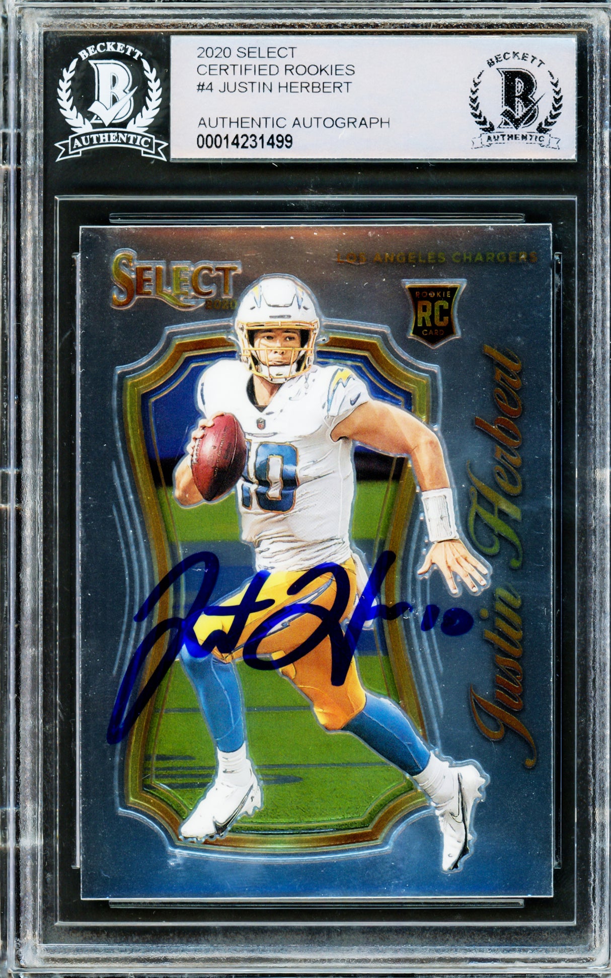 Justin Herbert Autographed 2020 Panini Select Rookie Card #SCR-4 Los Angeles Chargers Beckett BAS #14231499