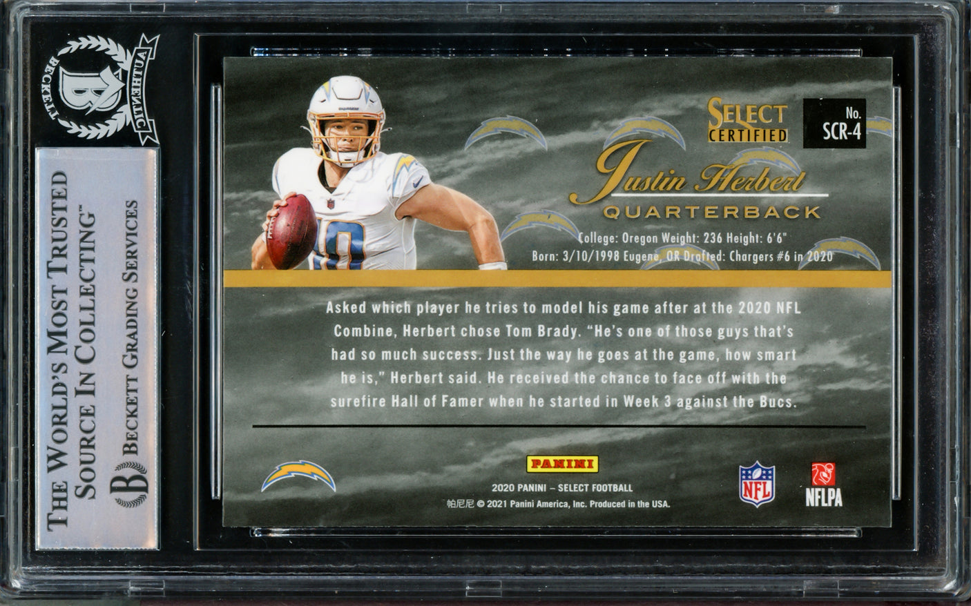 Justin Herbert Autographed 2020 Panini Select Rookie Card #SCR-4 Los Angeles Chargers Beckett BAS #14231499