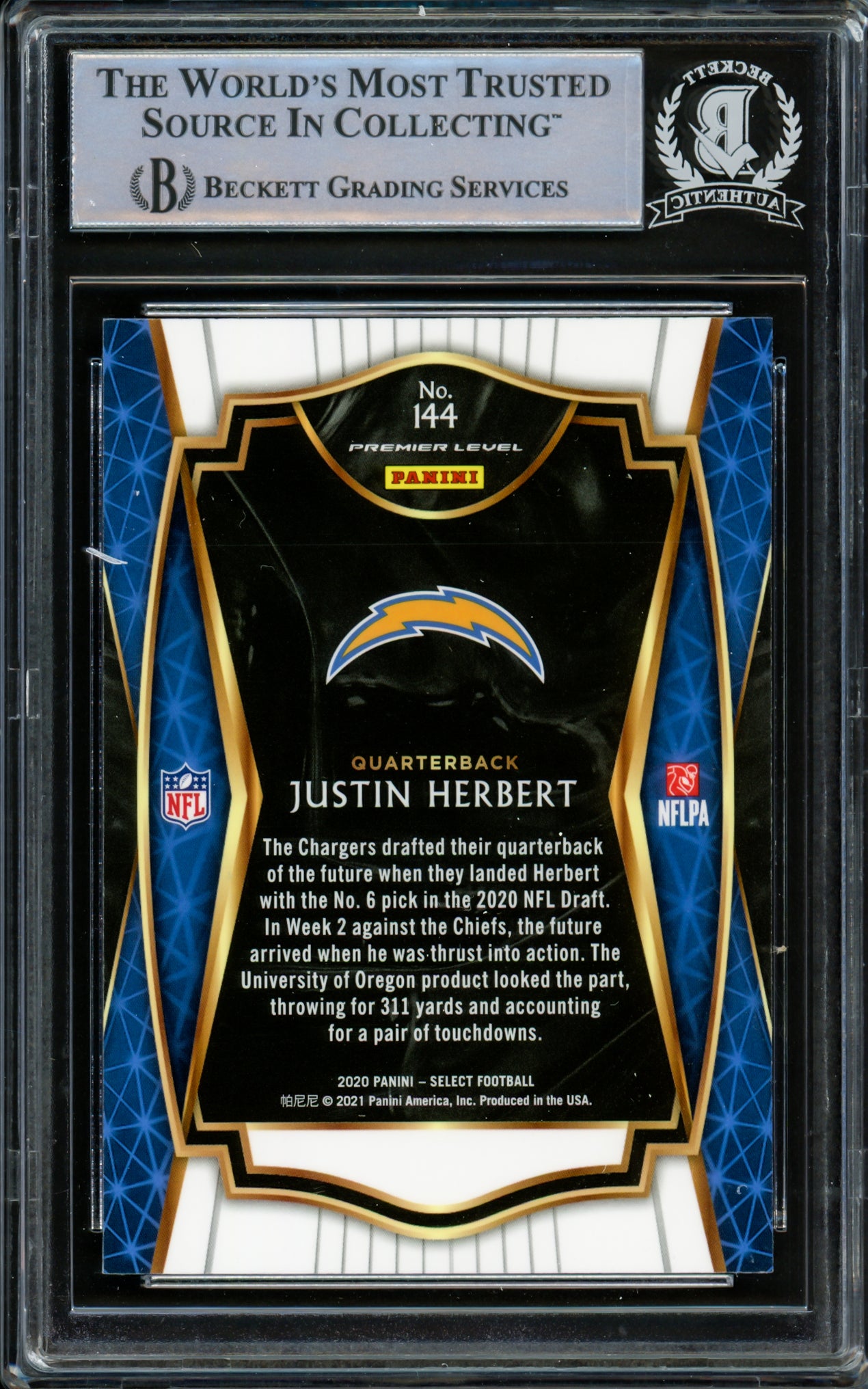 Justin Herbert Autographed 2020 Panini Select Premier Level Rookie Card #144 Los Angeles Chargers Beckett BAS #14231500